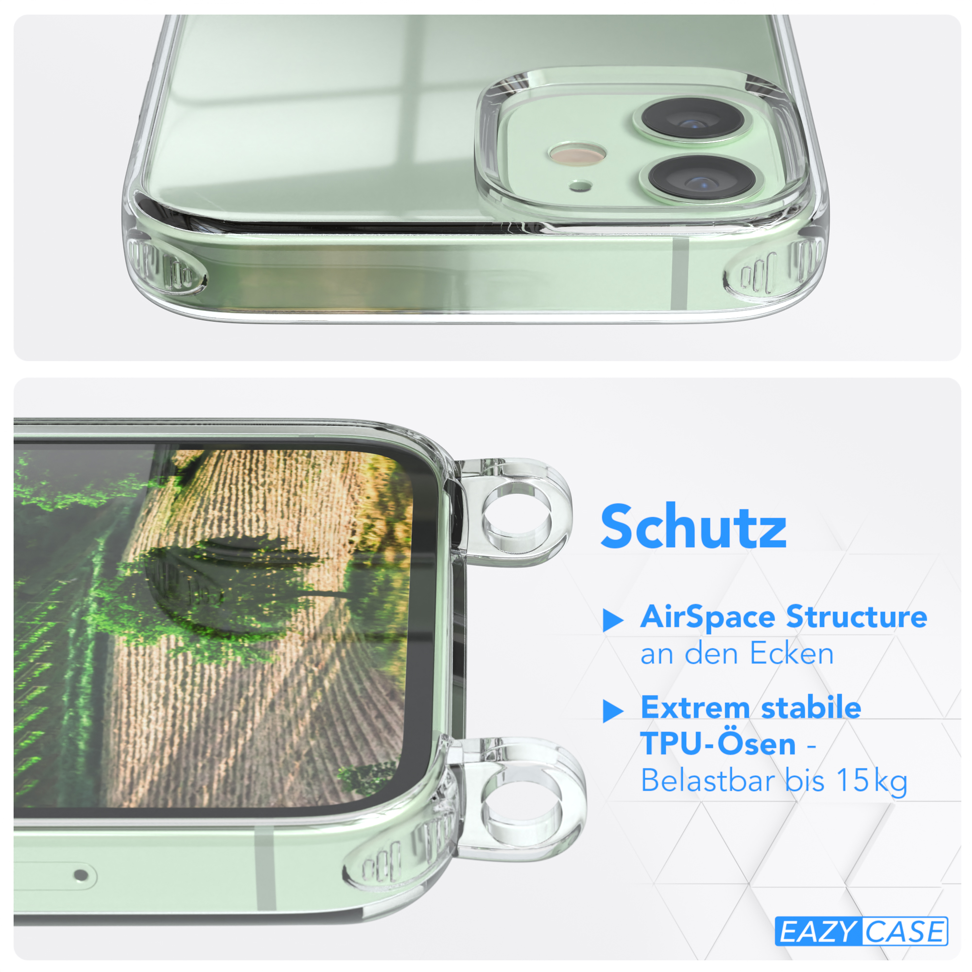 Transparente Handyhülle mit grünen Akzenten. Nahaufnahme zeigt Details, einschließlich Kamera und Eckenschutz.