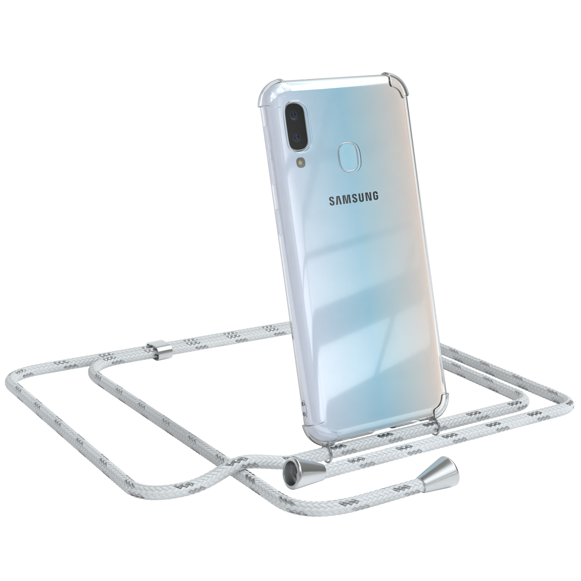 CASE mit Galaxy EAZY Weiß A20e, Samsung, / Umhängeband, Clips Cover Umhängetasche, Clear Silber