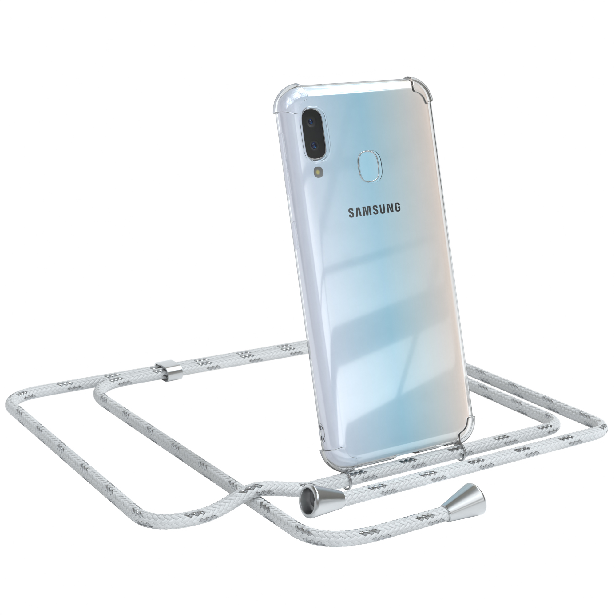 Telefon in klarer Hülle mit weißem Umhängeband. Samsung-Logo sichtbar.