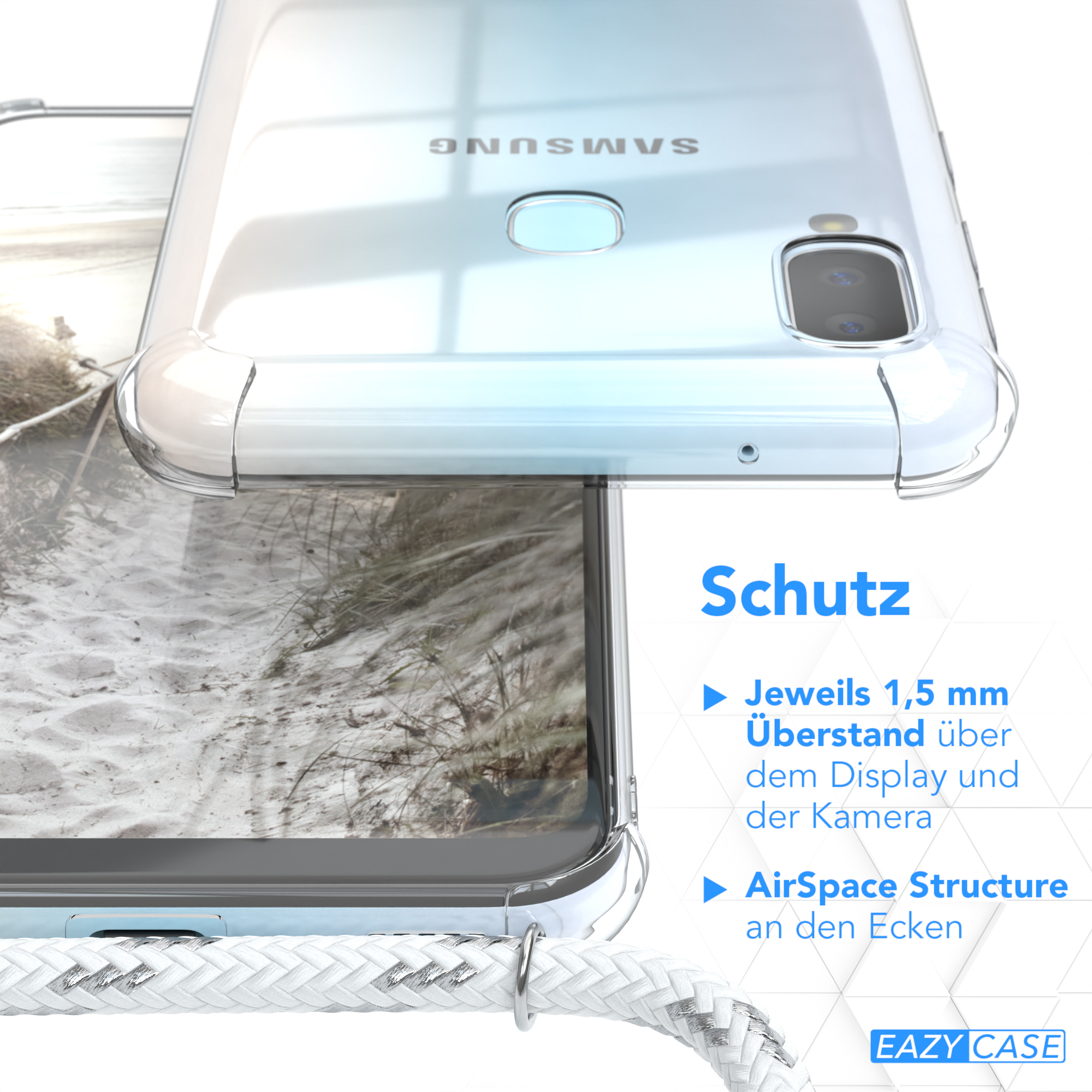 Clips Cover Weiß Umhängeband, CASE Clear A20e, / Galaxy EAZY Umhängetasche, mit Samsung, Silber