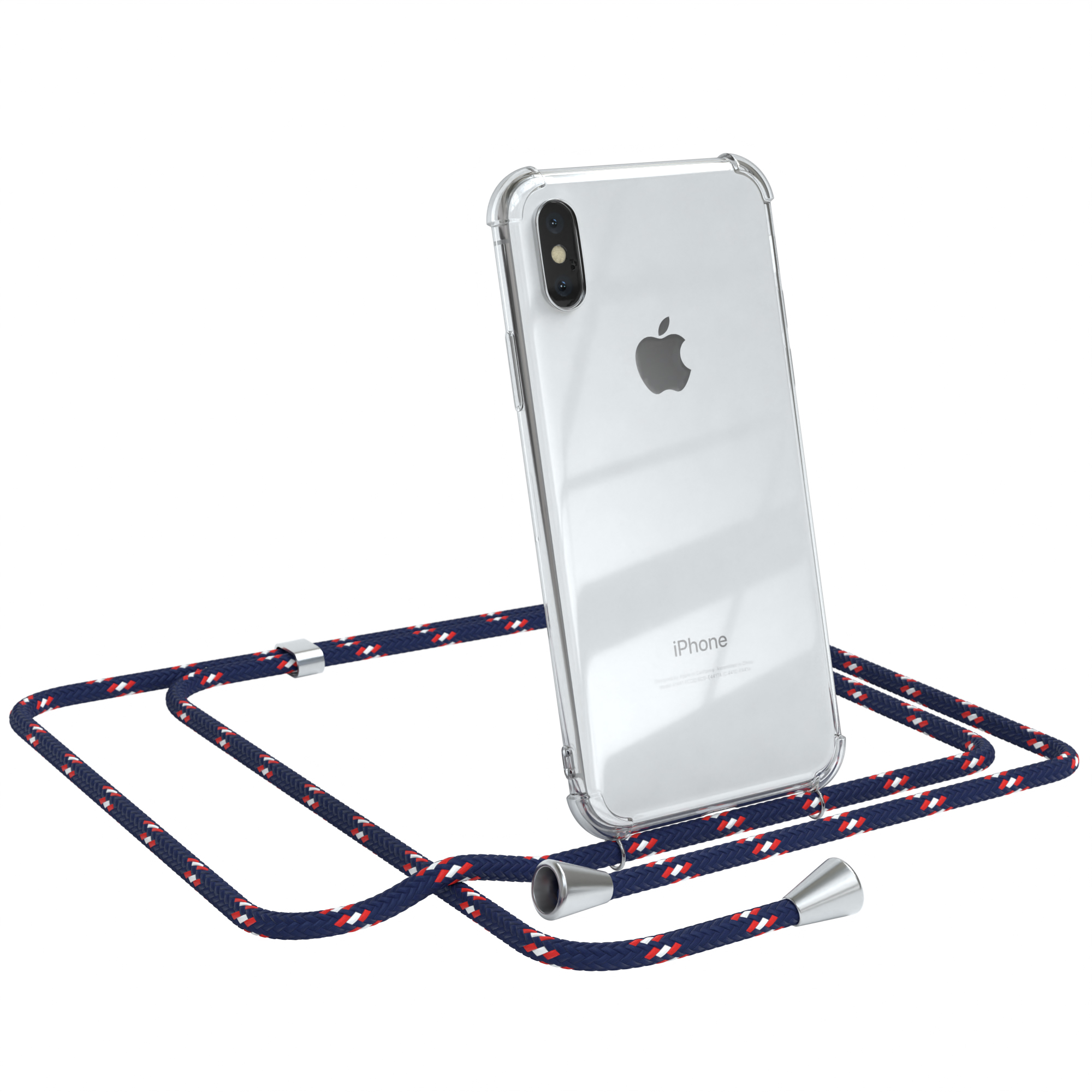 Transparente iPhone-Hülle mit blau-weißem Seilriemen.