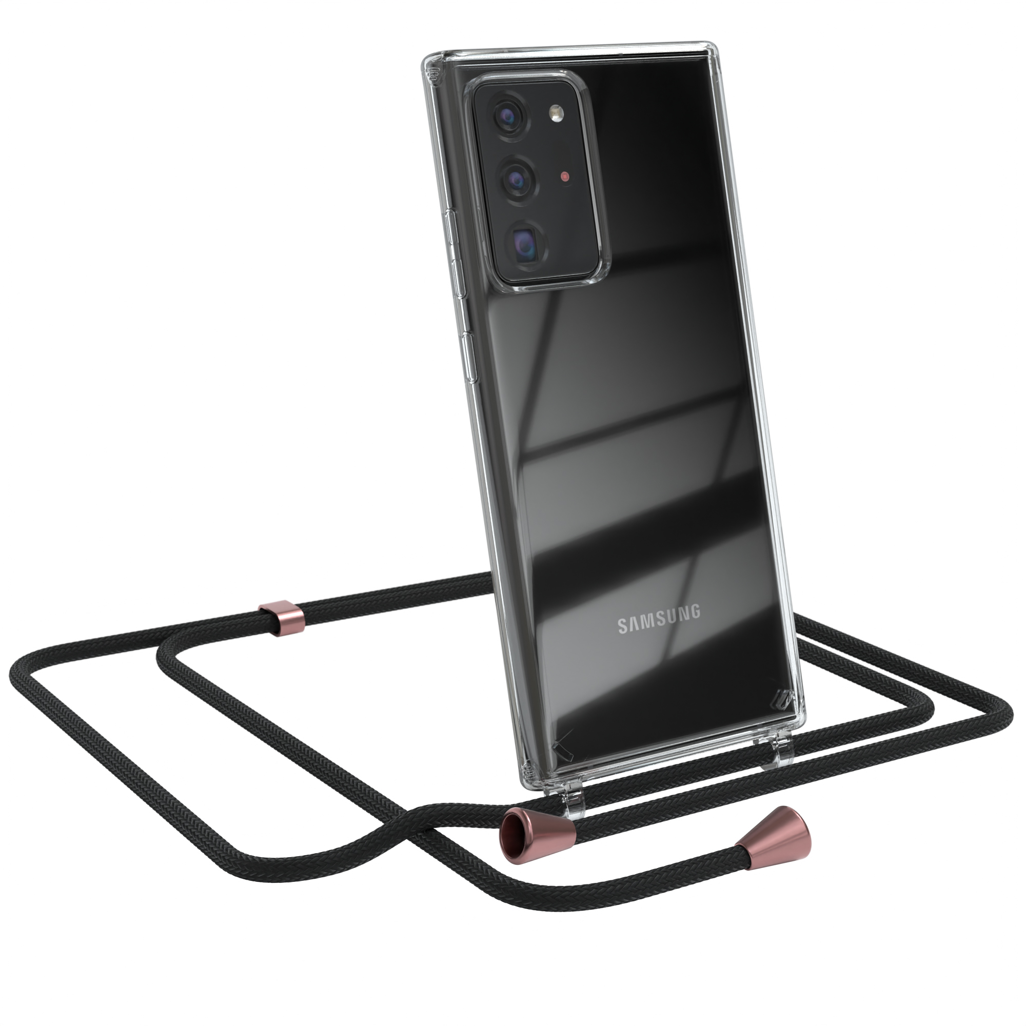Transparente Handyhülle mit schwarzem Band. Samsung-Handy sichtbar. Weißer Hintergrund.