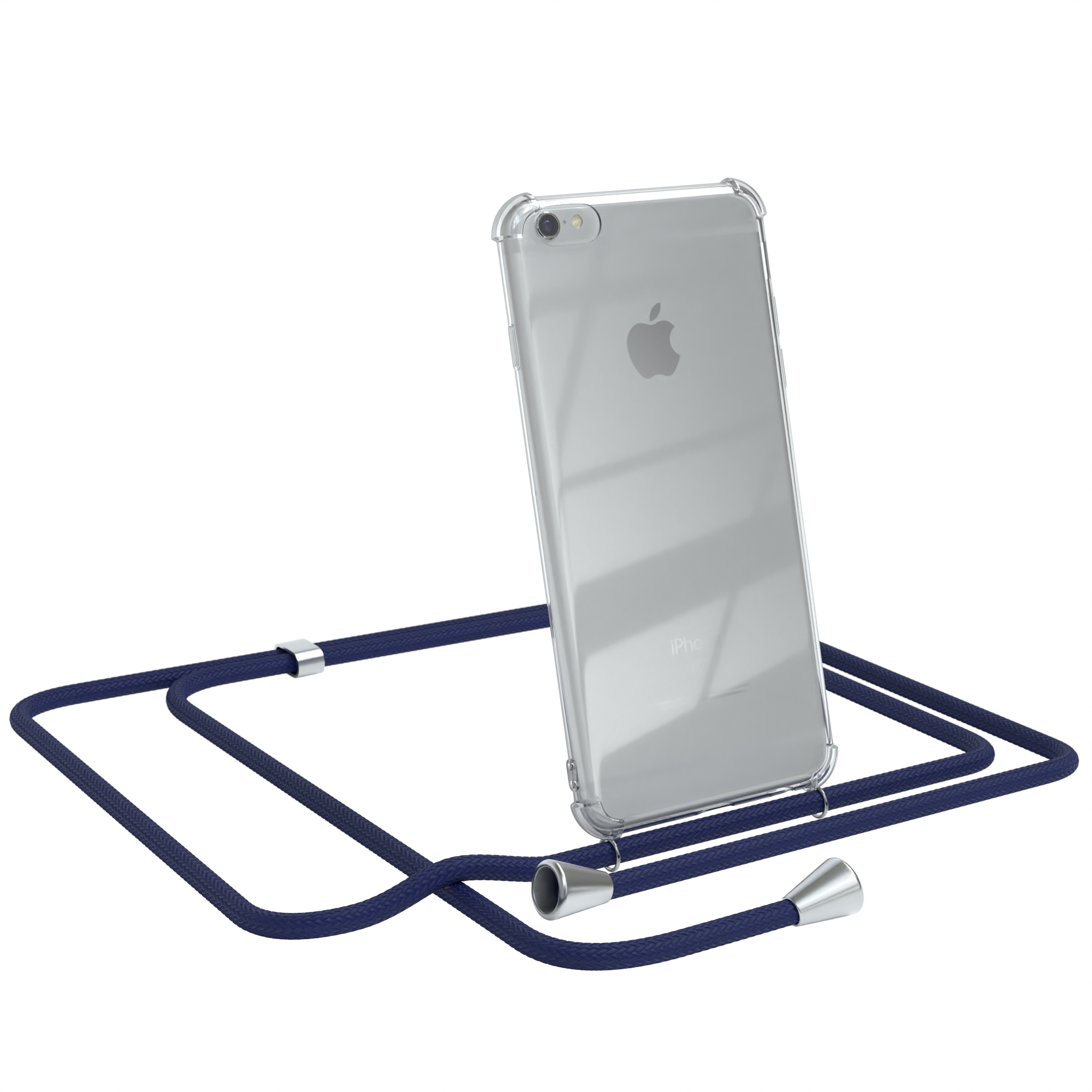 Transparente Handyhülle mit marineblauem Lanyard. Apple-Telefon sichtbar. Weißer Hintergrund.