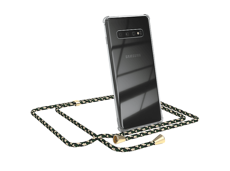 EAZY CASE Clear Cover mit Umhängeband, Umhängetasche, Samsung, Galaxy S10 Plus, Grün Camouflage / Clips Gold