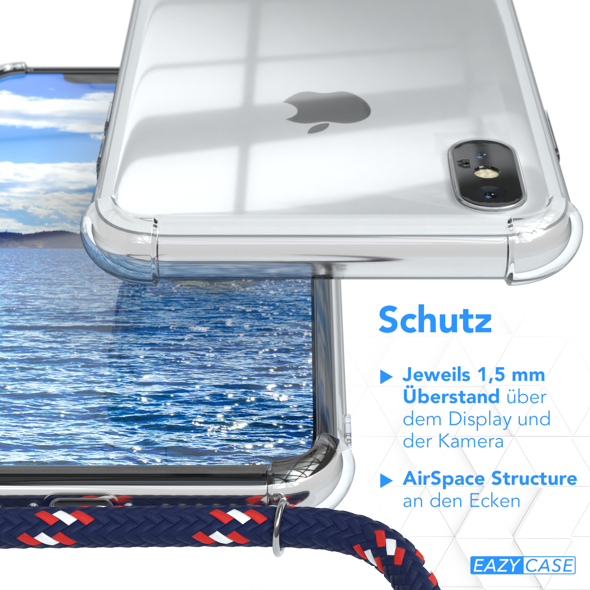 EAZY CASE Clear Cover mit Umhängetasche, X Clips Apple, Camouflage Umhängeband, / / Blau Silber XS, iPhone
