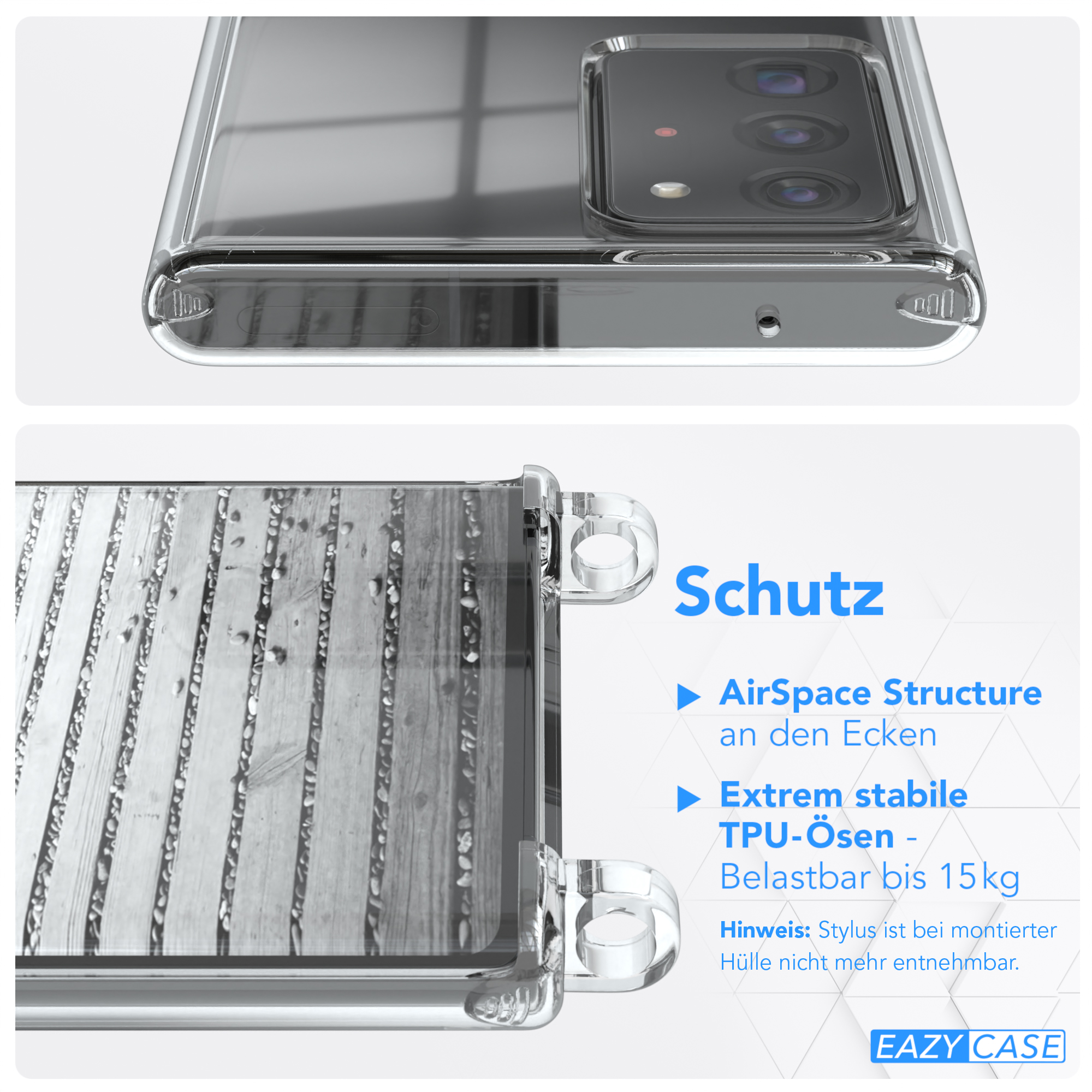Nahaufnahme einer transparenten Handyhülle. Text: Schutz, AirSpace Structure, Extrem stabile TPU-Ösen, Belastbar bis 15kg.