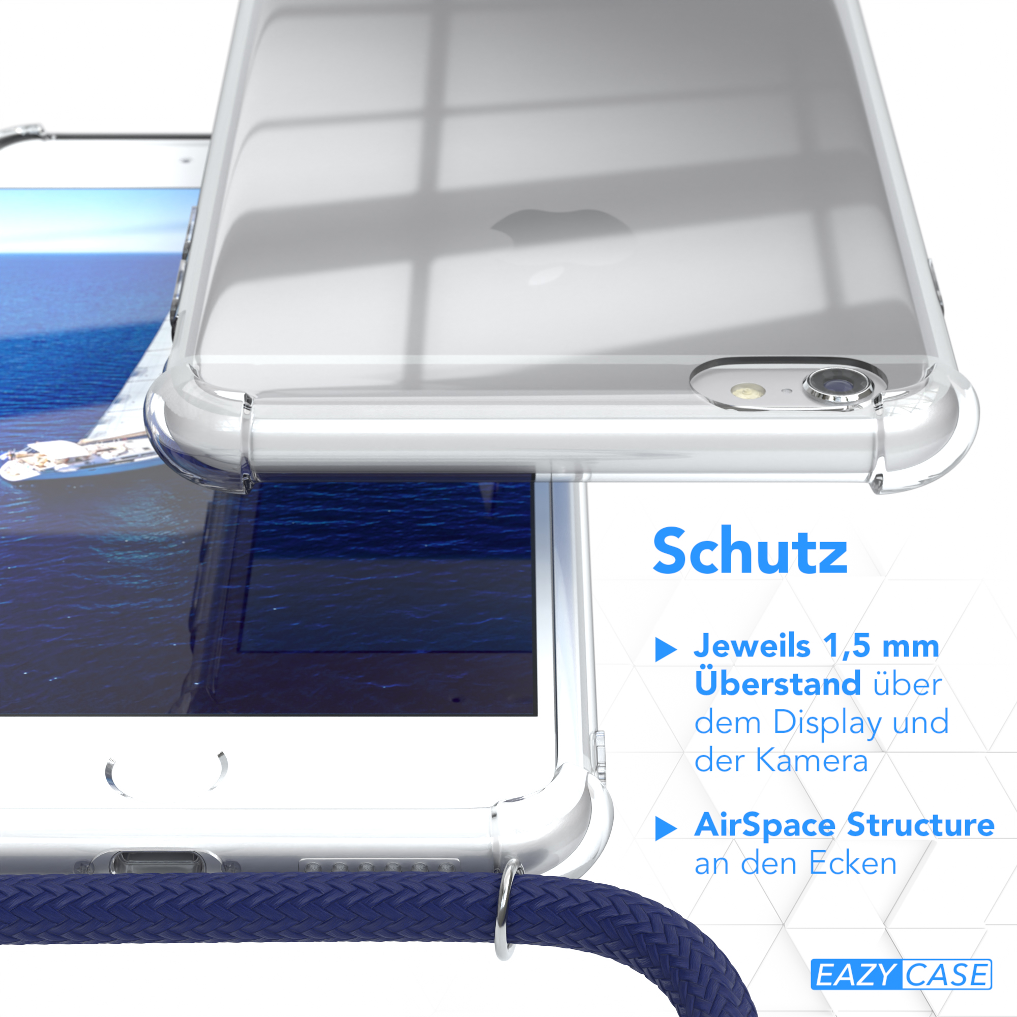 Nahaufnahme einer Handyhülle mit blauem Band. Die Telefonmerkmale sind sichtbar.