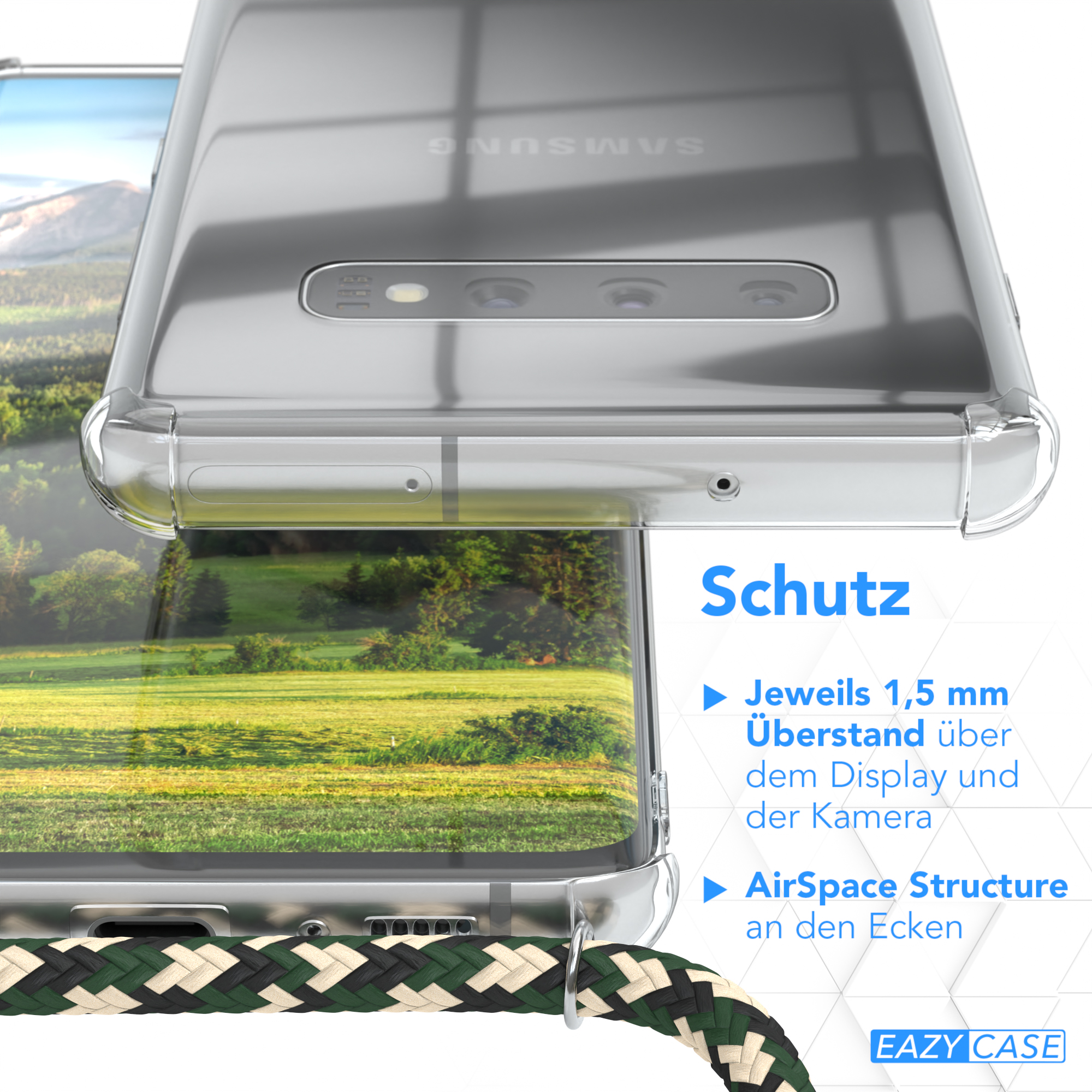 EAZY CASE Clear Cover mit Camouflage Clips Plus, S10 Umhängeband, Samsung, Galaxy Umhängetasche, / Gold Grün