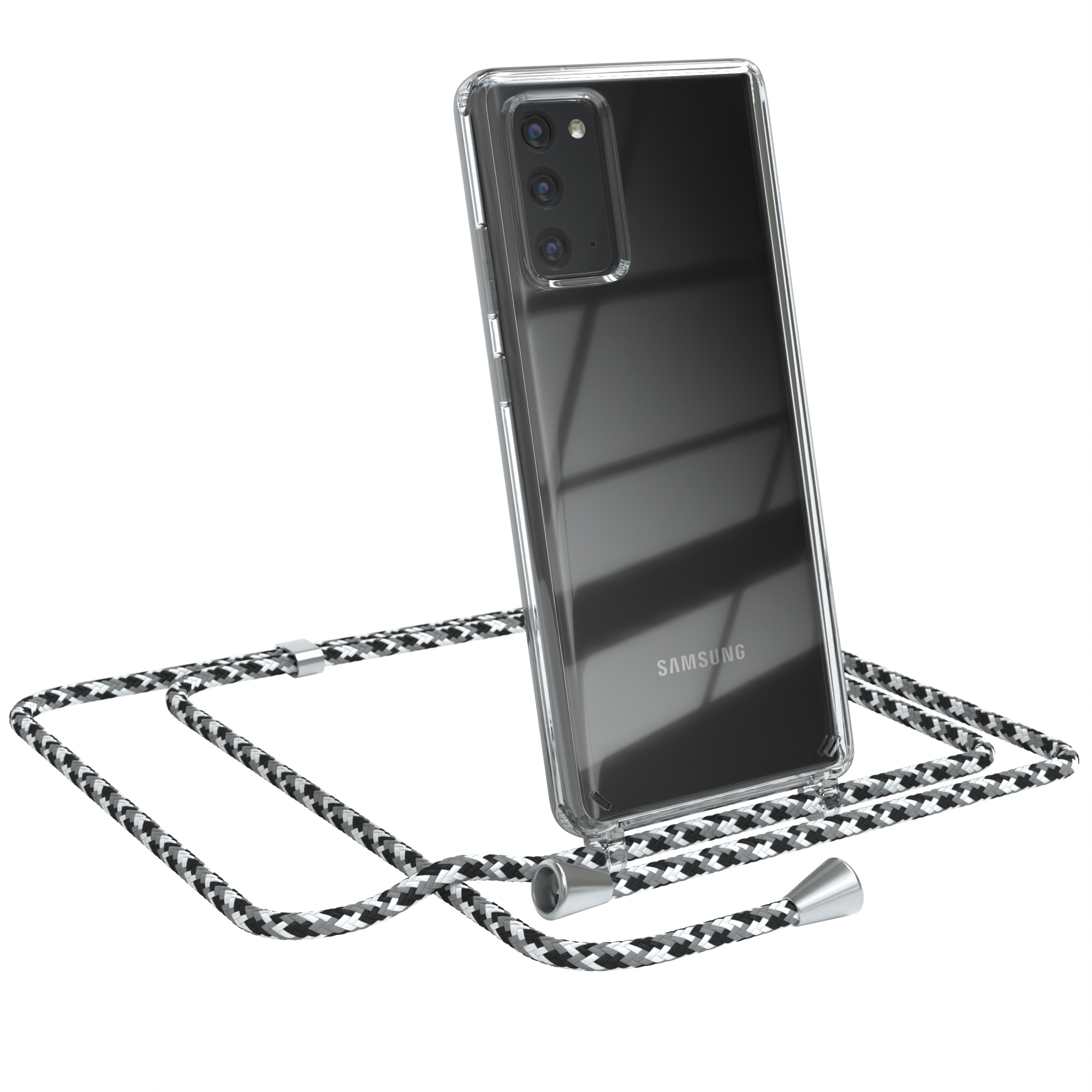 Transparente Handyhülle mit schwarz-weißem Kordel. Samsung-Handy sichtbar. Weißer Hintergrund.