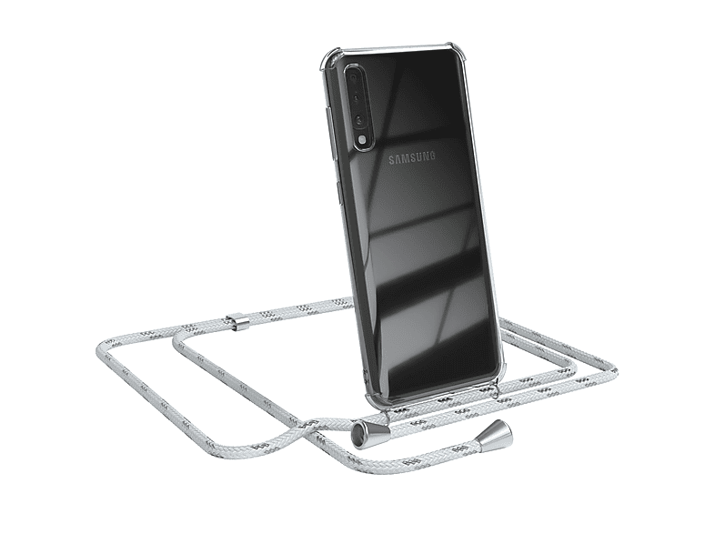 EAZY CASE Clear Cover mit Umhängeband, Umhängetasche, Samsung, Galaxy A50 / A50s / A30s, Weiß / Clips Silber | Handyketten