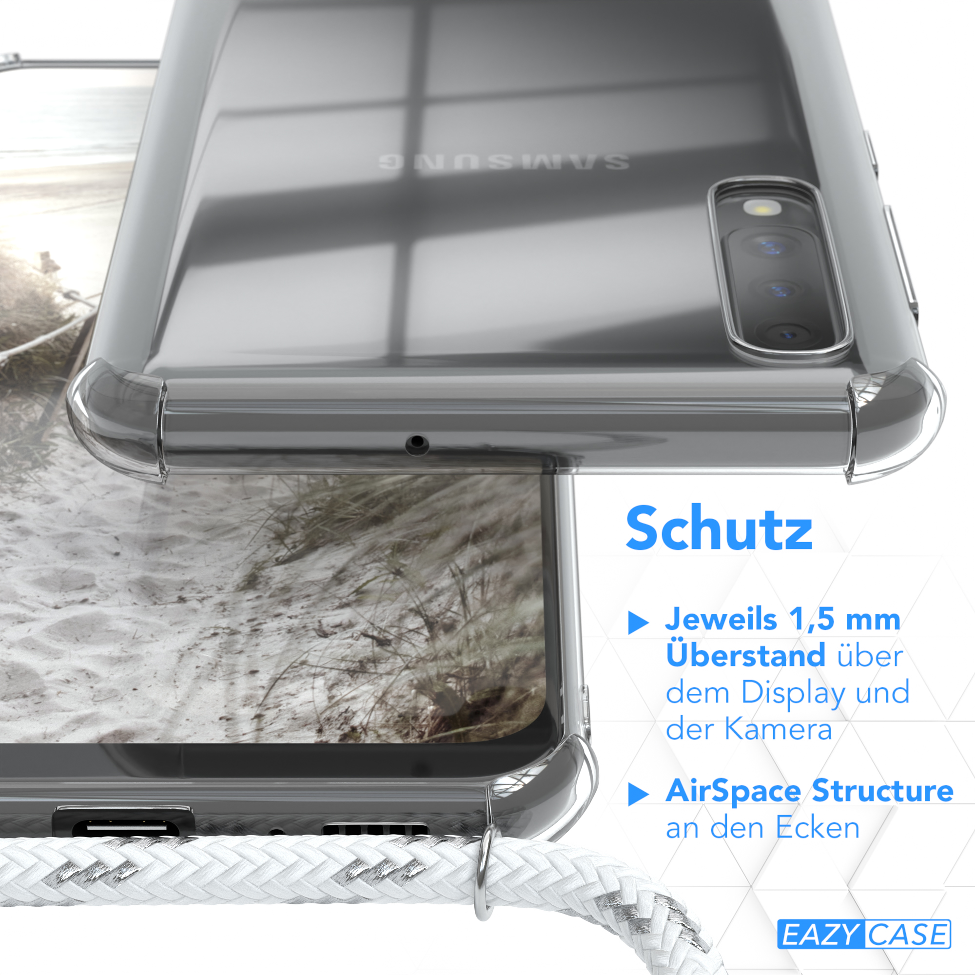 mit Silber A50 CASE Clips Galaxy Samsung, EAZY Umhängeband, Cover / / Clear A50s A30s, Weiß / Umhängetasche,