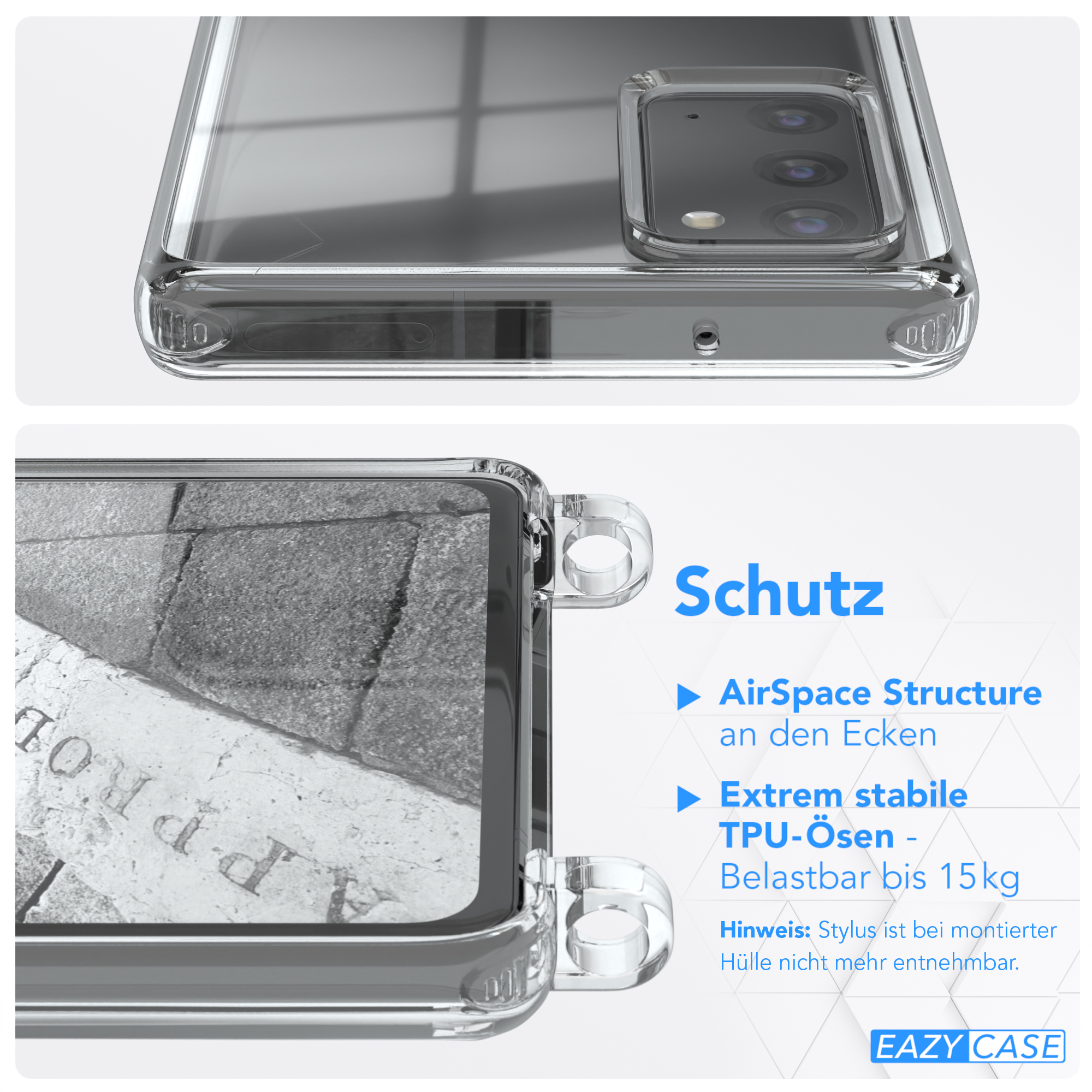 Eine transparente Handyhülle. Nahaufnahme zeigt den Rand und einen Stein-Hintergrund.