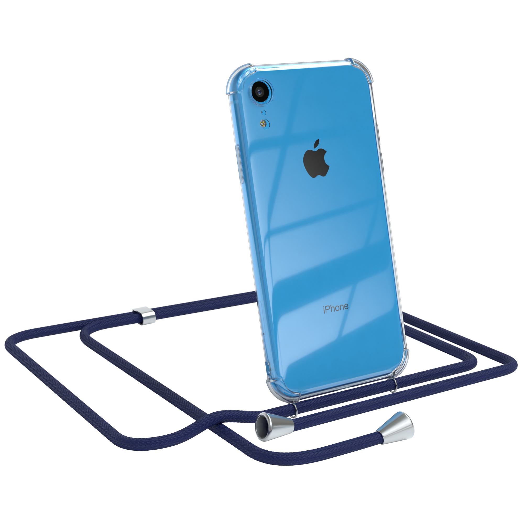 Ein blaues iPhone XR in einer transparenten Hülle mit einem marineblauen Seil. Das Telefon neigt sich.