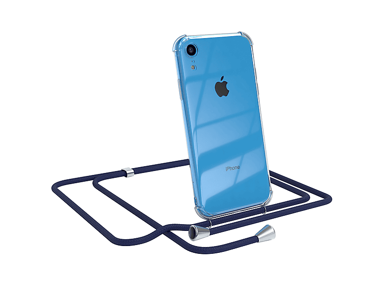 EAZY CASE Clear Cover mit Umhängeband, Umhängetasche, Apple, iPhone XR, Blau / Clips Silber