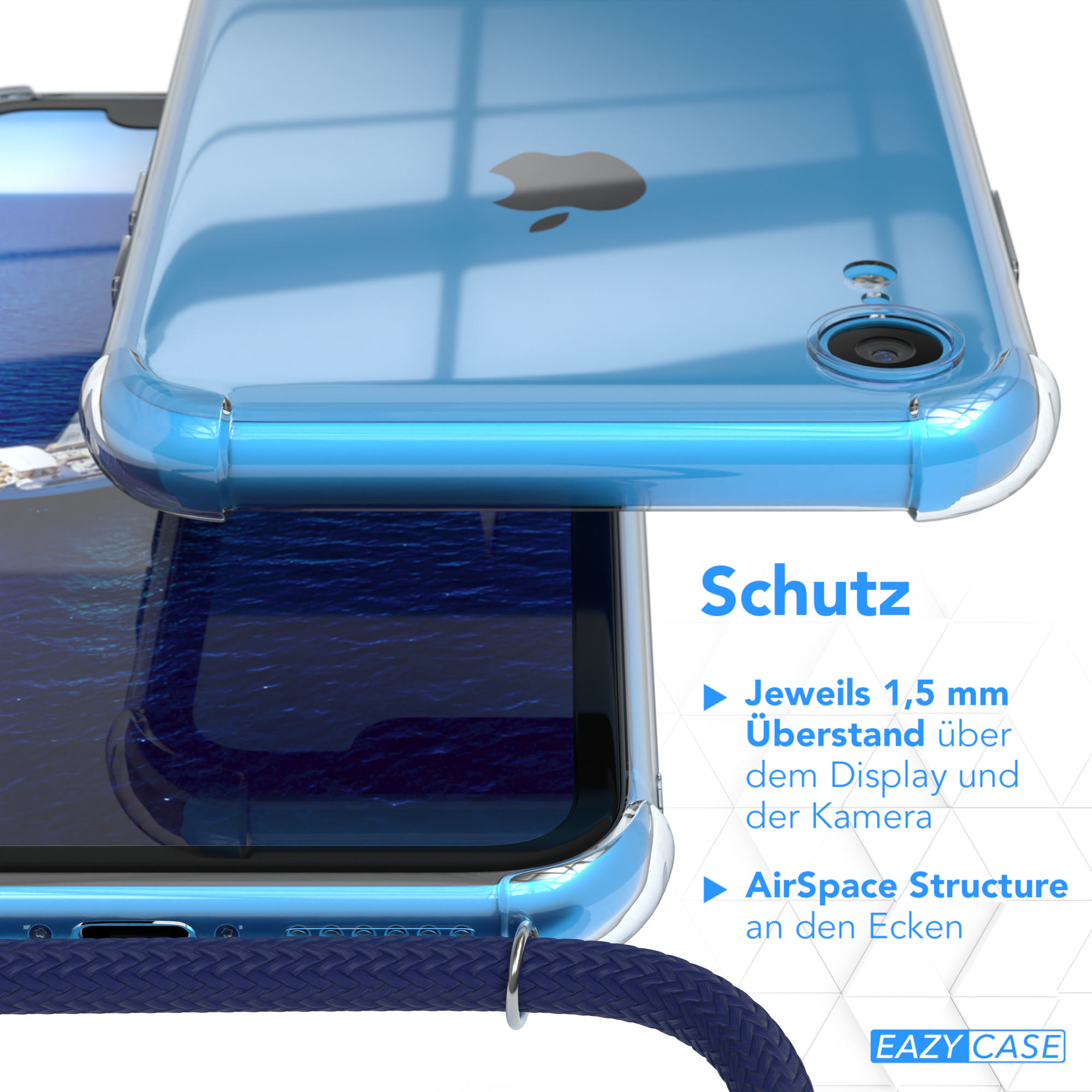 Nahaufnahme einer Telefonhülle, die das Telefon schützt, und Text über den Schutz.