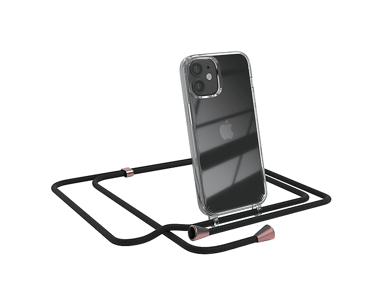EAZY CASE Clear Cover mit Umhängeband, Umhängetasche, Apple, iPhone 12 Mini, Schwarz / Clips Rosé