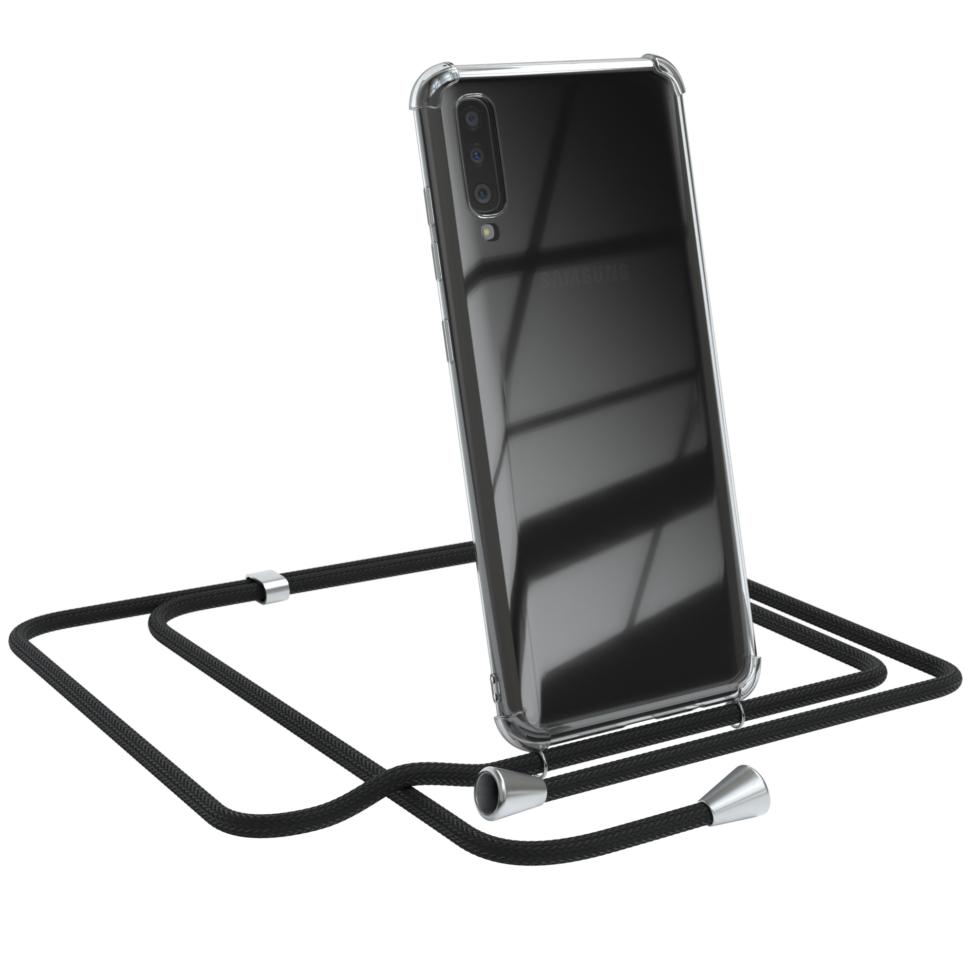 Transparente Handyhülle mit schwarzem Umhängeband. Ein Samsung-Handy ist darin. Weißer Hintergrund.