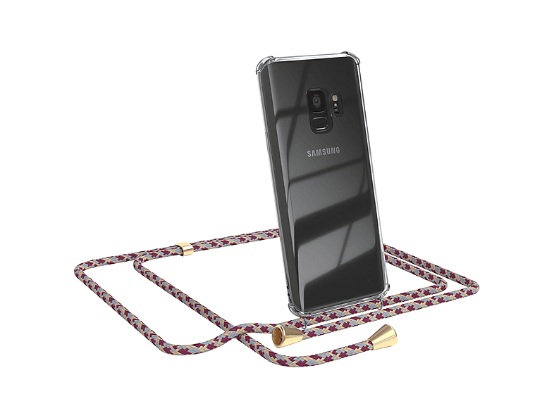 EAZY CASE Clear Cover mit Umhängeband, Umhängetasche, Samsung, Galaxy S9, Rot Beige Camouflage / Clips Gold