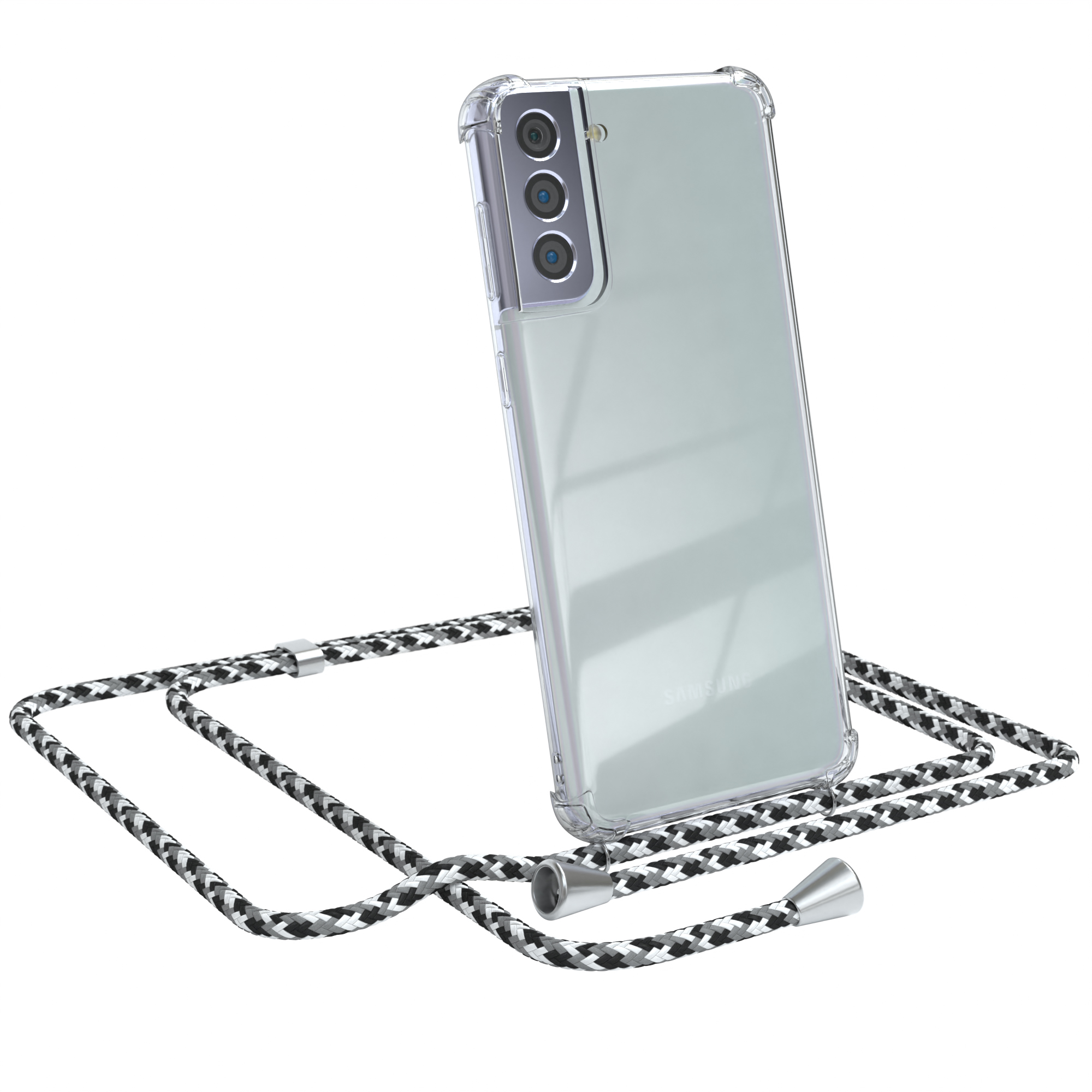Transparente Handyhülle mit schwarz-weißem Lanyard auf weißem Hintergrund. Samsung Telefon.