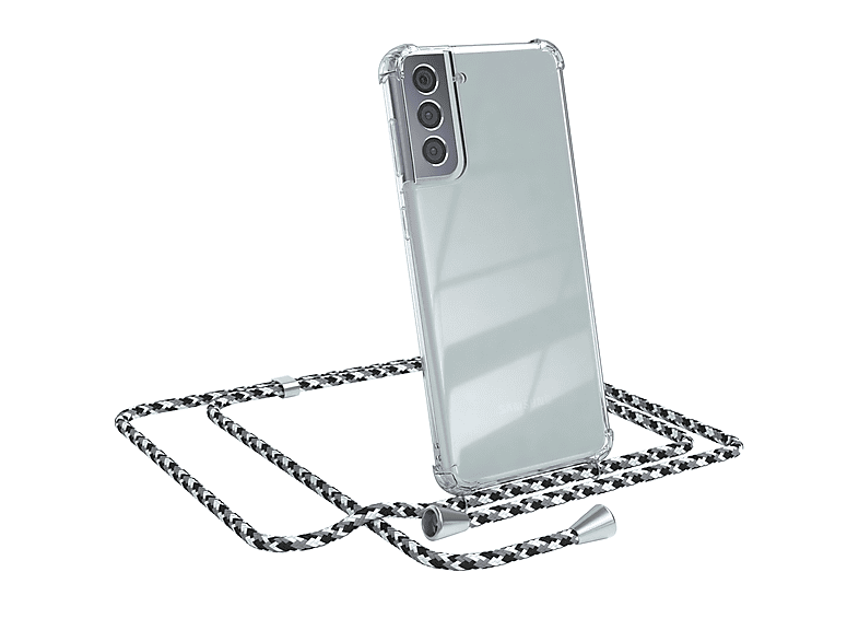 EAZY CASE Clear Cover mit Umhängeband, Umhängetasche, Samsung, Galaxy S21 Plus 5G, Schwarz Camouflage / Clips Silber