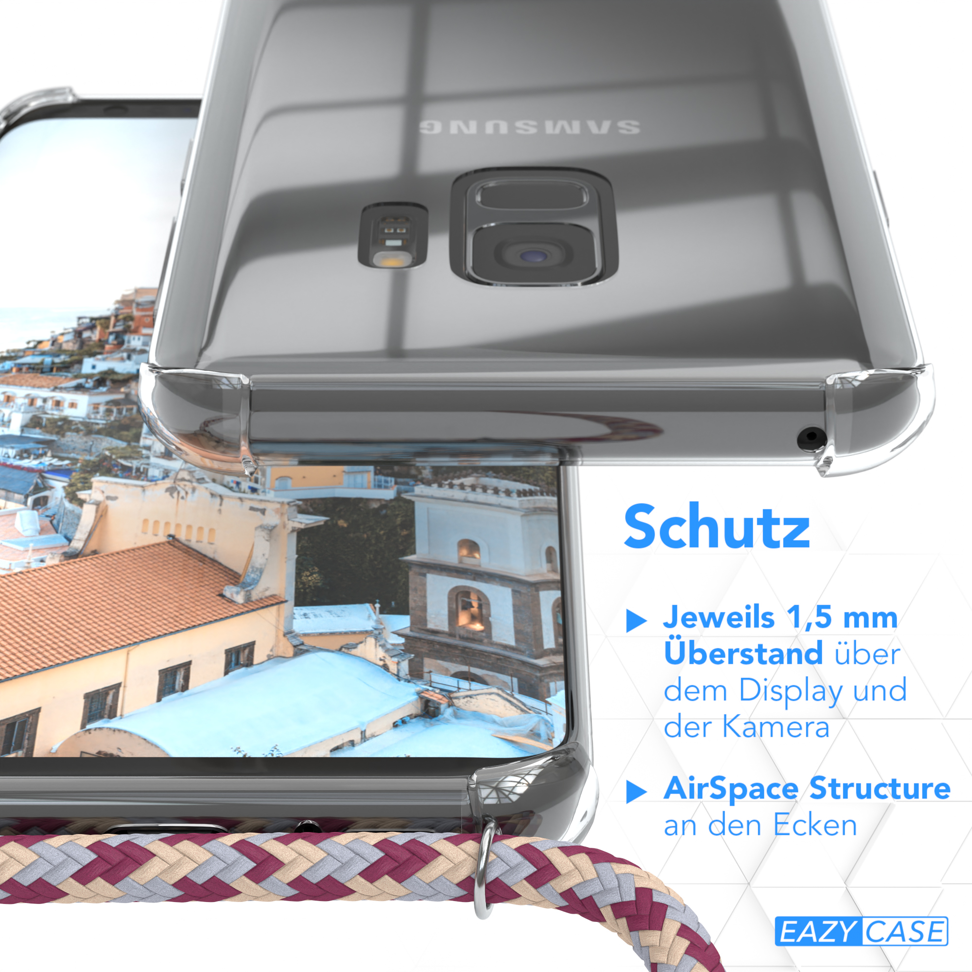 Clear Galaxy CASE Samsung, S9, Gold Clips mit Umhängetasche, Cover EAZY Rot Beige Umhängeband, Camouflage /