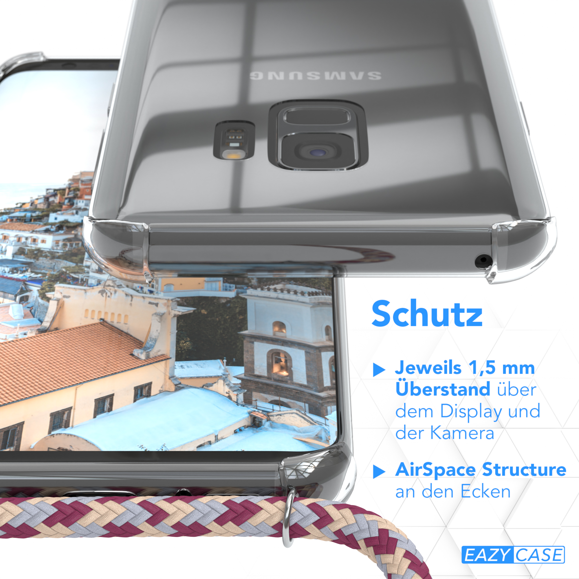 Eine klare Handyhülle mit Textbeschriftungen. Es zeigt auch eine Hülle mit dem Text 'AirSpace Structure' und 'TPU-Ösen'.