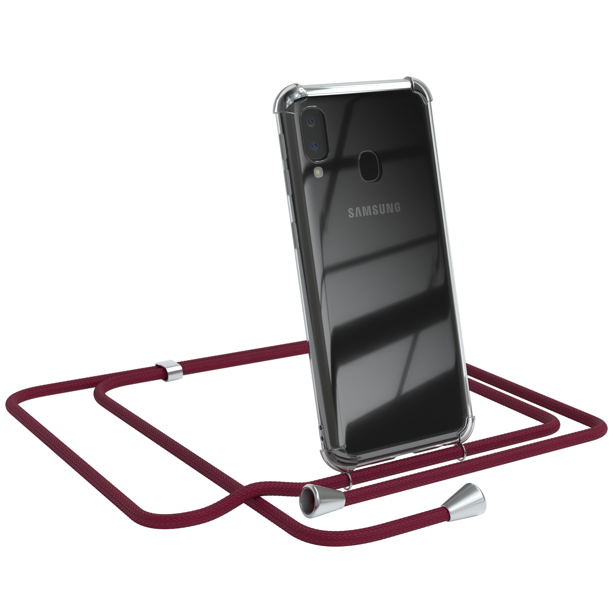 Transparente Handyhülle mit rotem Band. Samsung-Telefon sichtbar. Weißer Hintergrund.