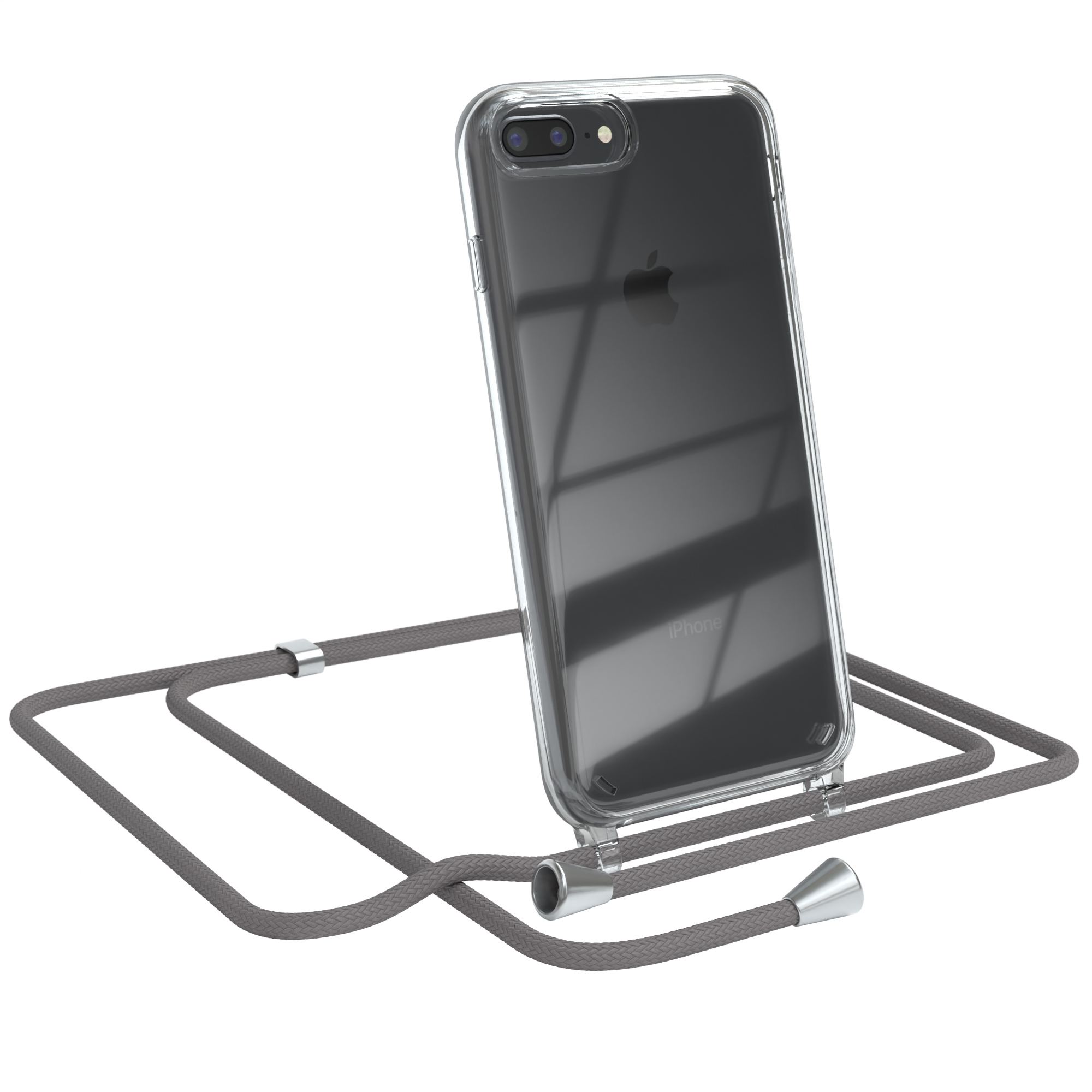 Transparente Handyhülle mit grauem Kabel. Telefon ist angewinkelt, mit Apple-Logo auf der Rückseite.