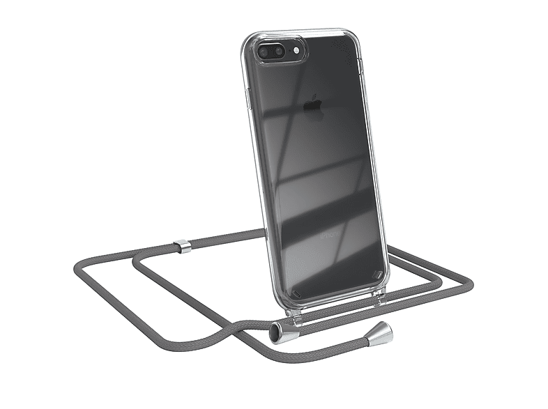 EAZY CASE Clear Cover mit Umhängeband, Umhängetasche, Apple, iPhone 8 Plus / 7 Plus, Grau / Clips Silber