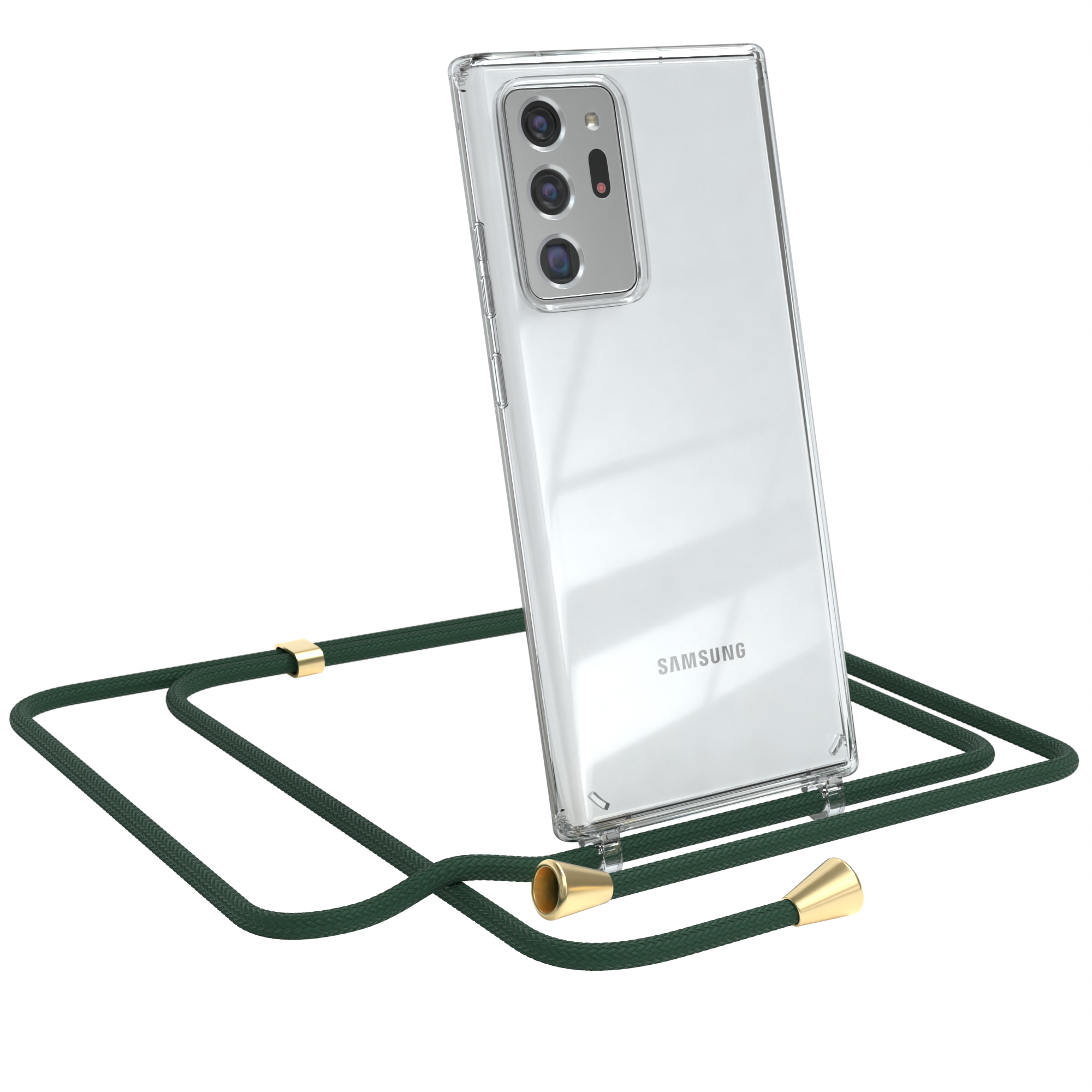 Transparente Handyhülle mit grünem Lanyard und goldenen Akzenten. Samsung-Telefon.