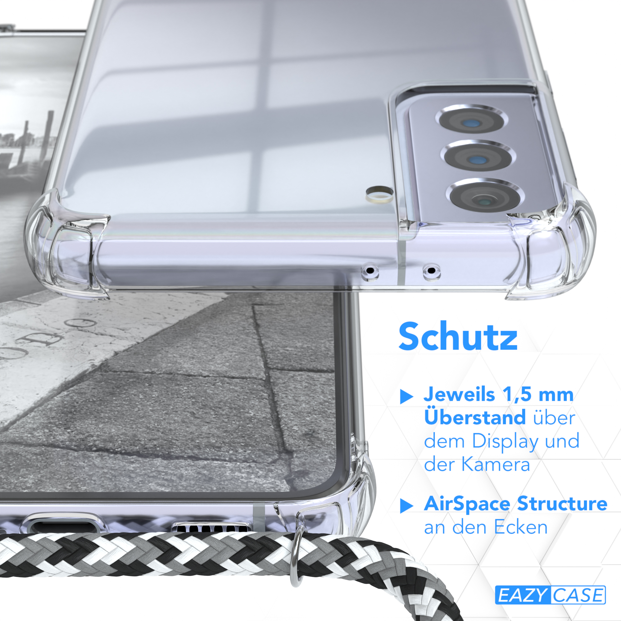 Nahaufnahme einer transparenten Handyhülle mit dem Text Schutz und einem schwarz-weißen Riemen.