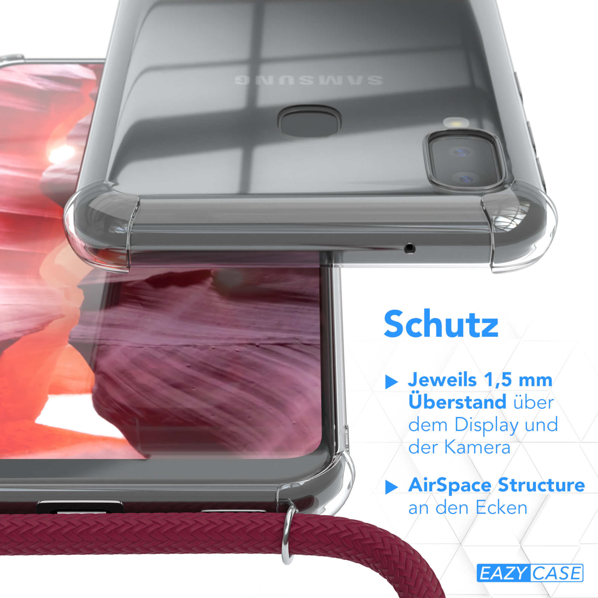 Nahaufnahme einer durchsichtigen Handyhülle. Text sagt 'AirSpace Structure'. Hülle zeigt roten Gurt.