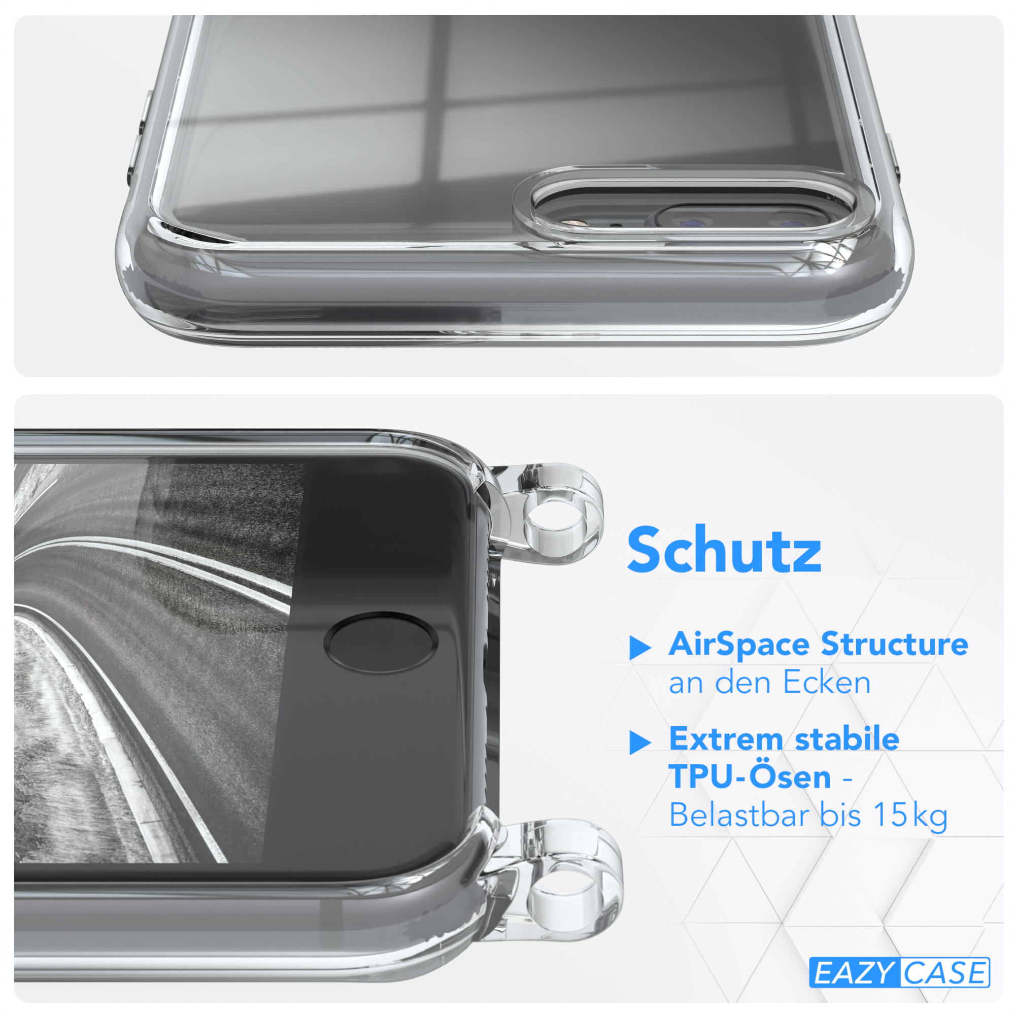 Nahaufnahme der Handyhülle mit Schutzfunktionen. Text: AirSpace Structure, stabile TPU-Ösen und Belastbarkeit bis 15 kg.
