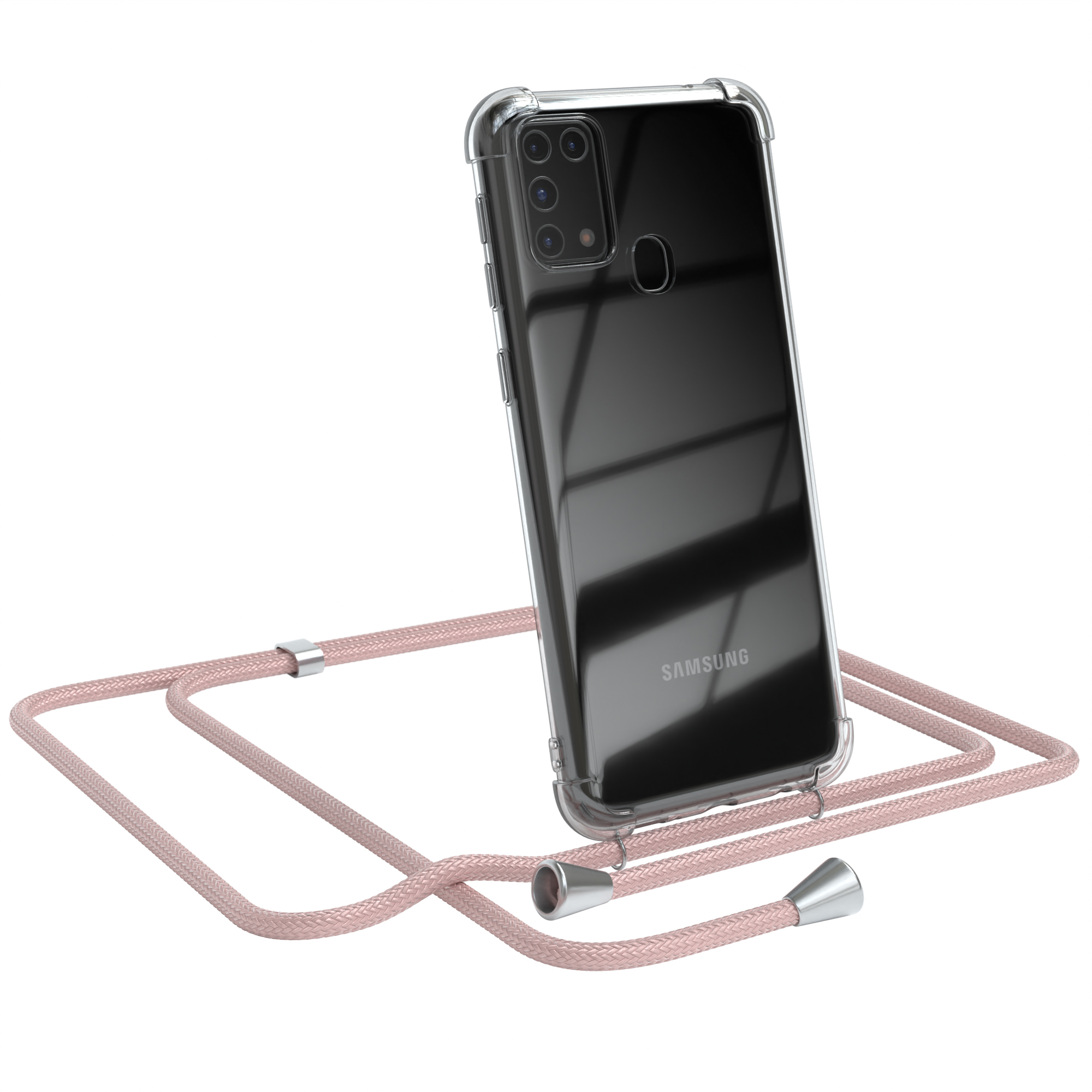 Transparente Handyhülle mit pinkfarbenem Umhängeband. Samsung-Logo. Weißer Hg.