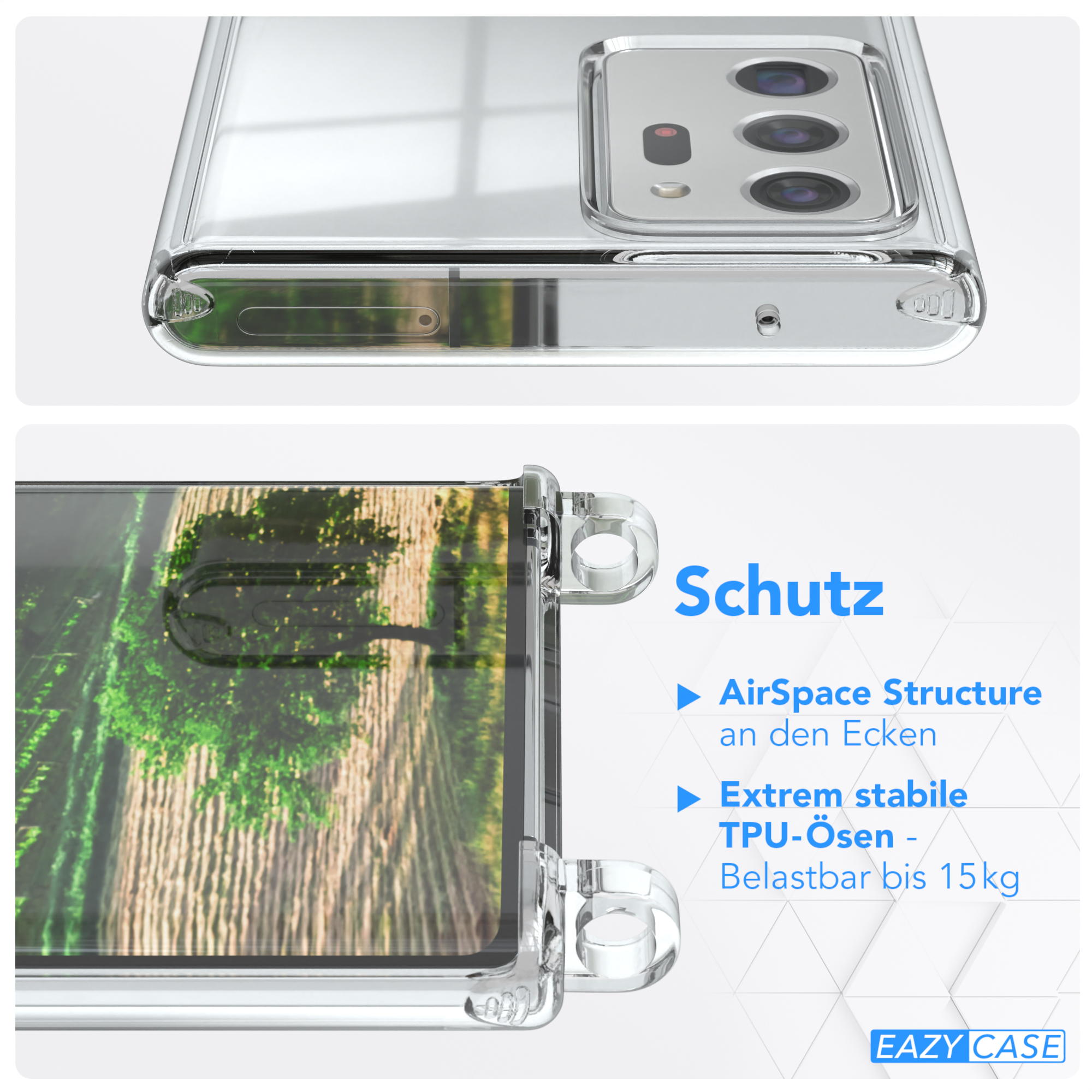 Nahaufnahme einer Handyhülle, die Ecken und eine klare Sicht auf das Telefon zeigt.