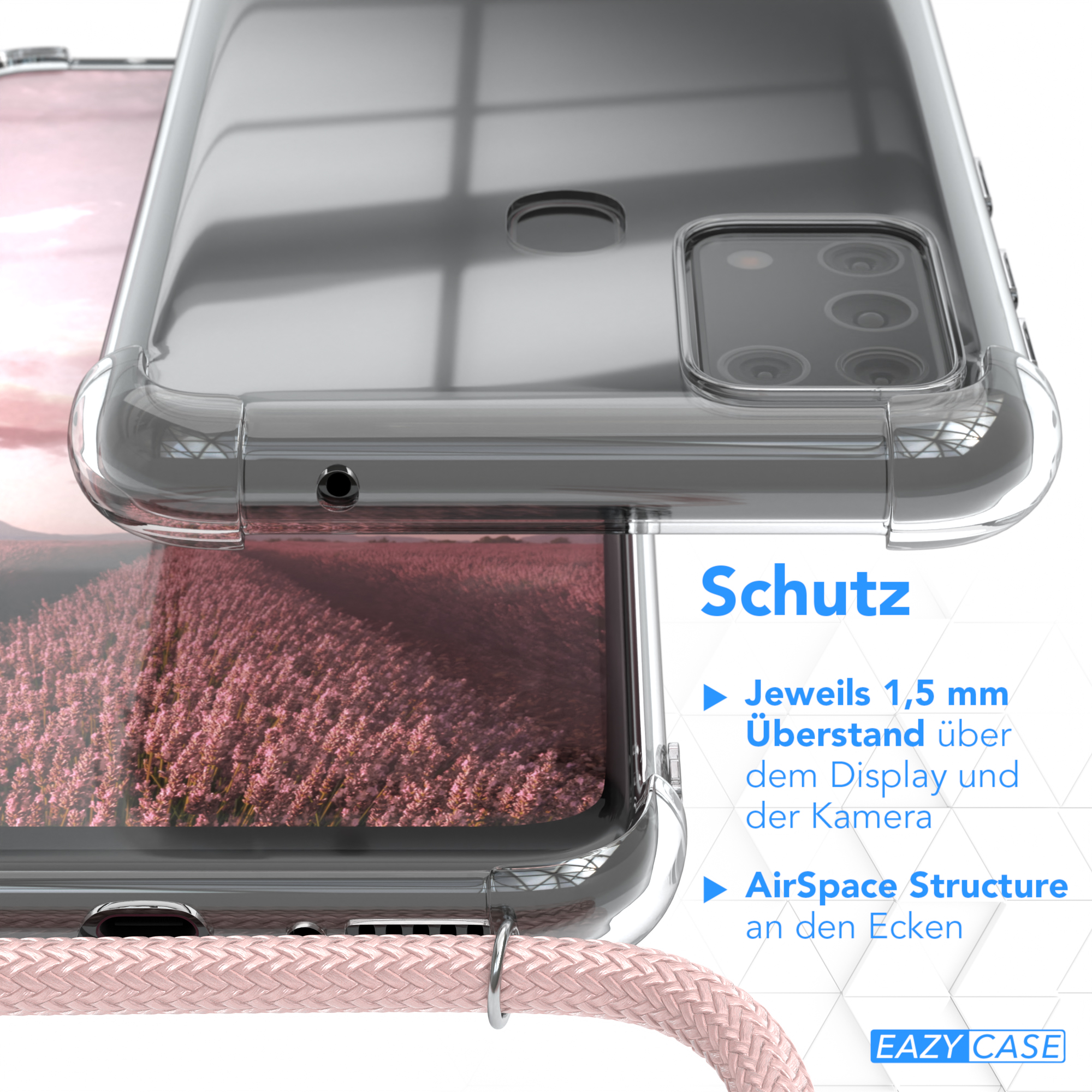 Nahaufnahme einer Handyhülle mit Schutzfunktionen. Pinkfarbenes Kabel und blumiger Hintergrund.