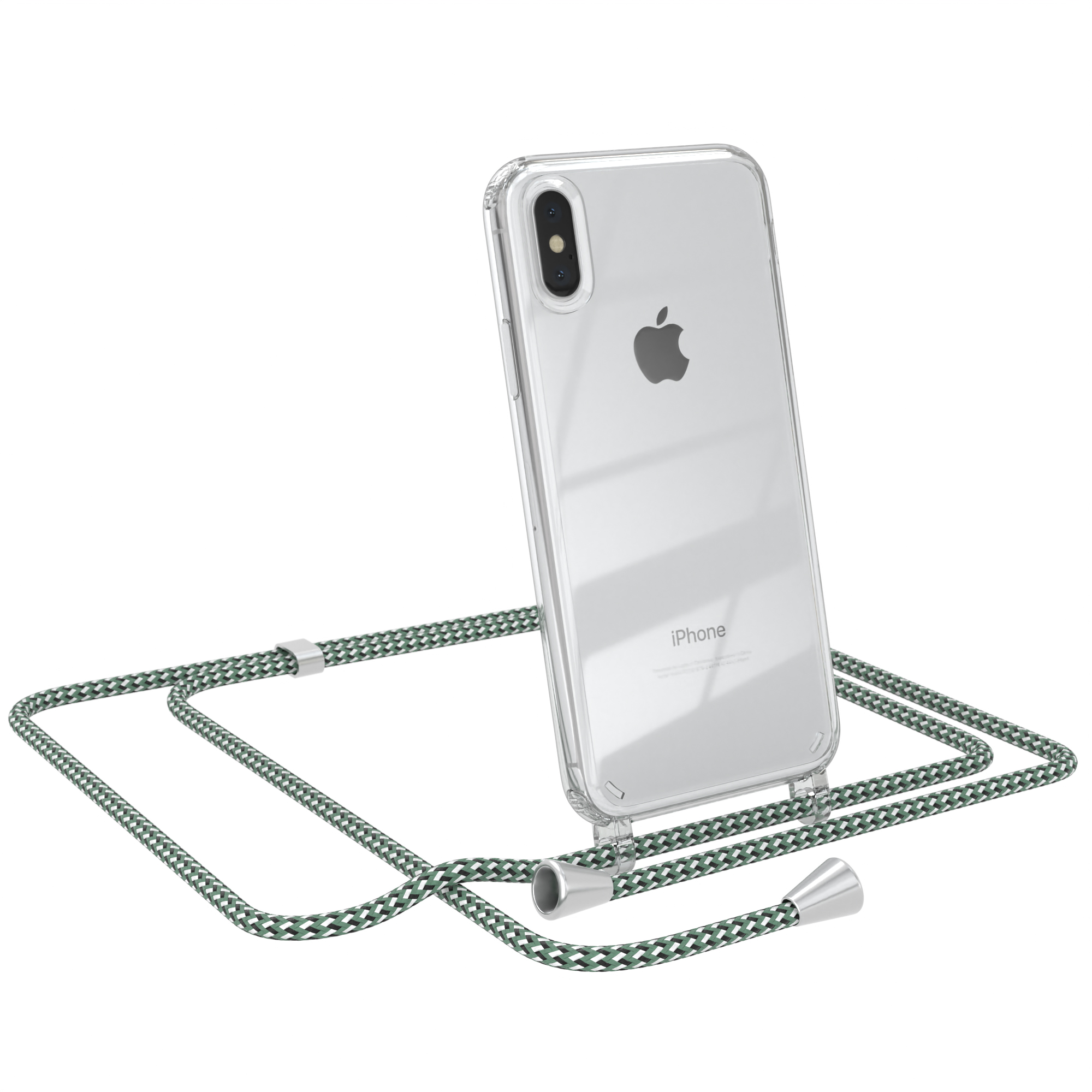 Ein iPhone in einer transparenten Hülle mit einem grünen Kabel. Weißer Hintergrund.