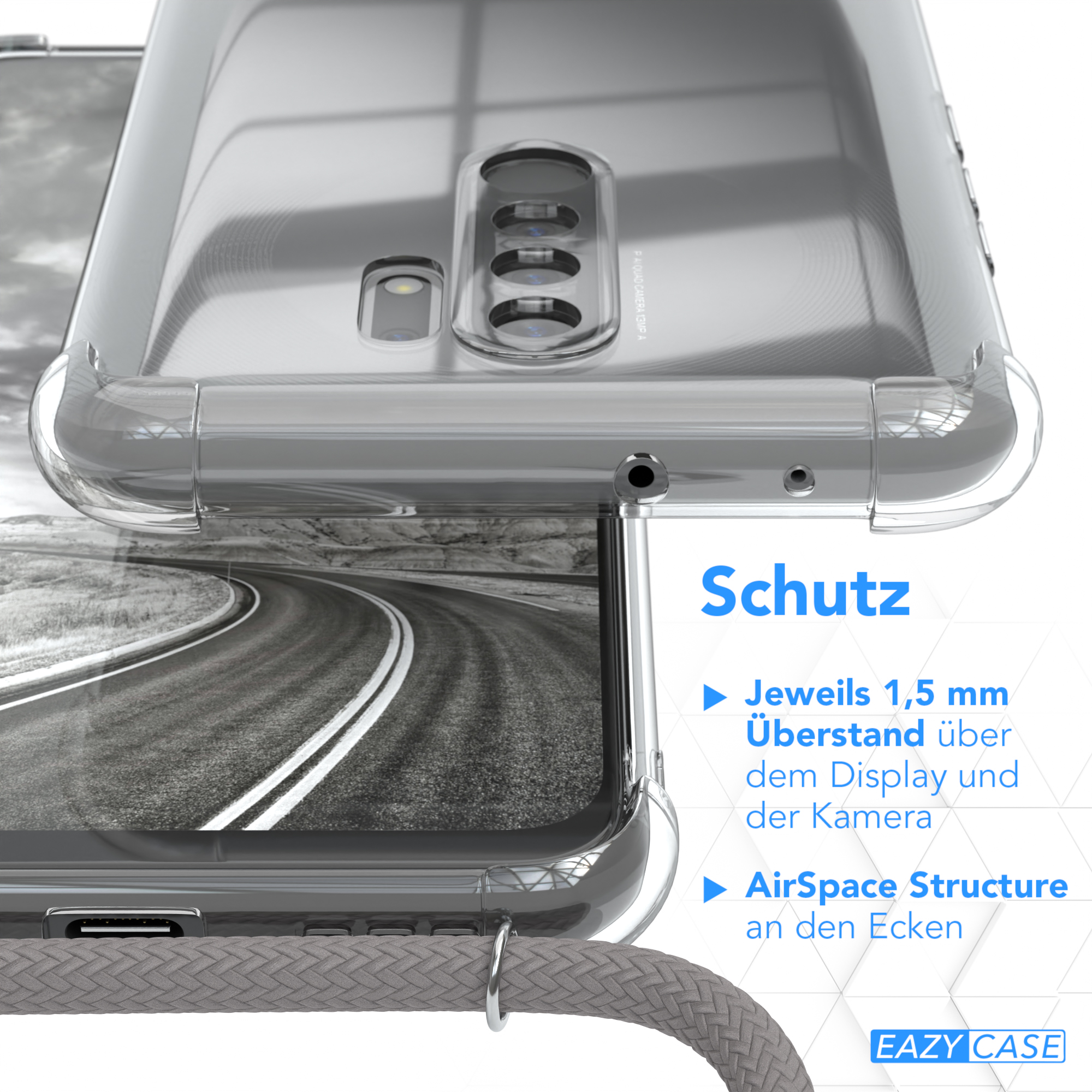 Nahaufnahme einer transparenten Handyhülle. Text: Schutz. Merkmale: 1,5 mm Displayüberstand, AirSpace Structure.