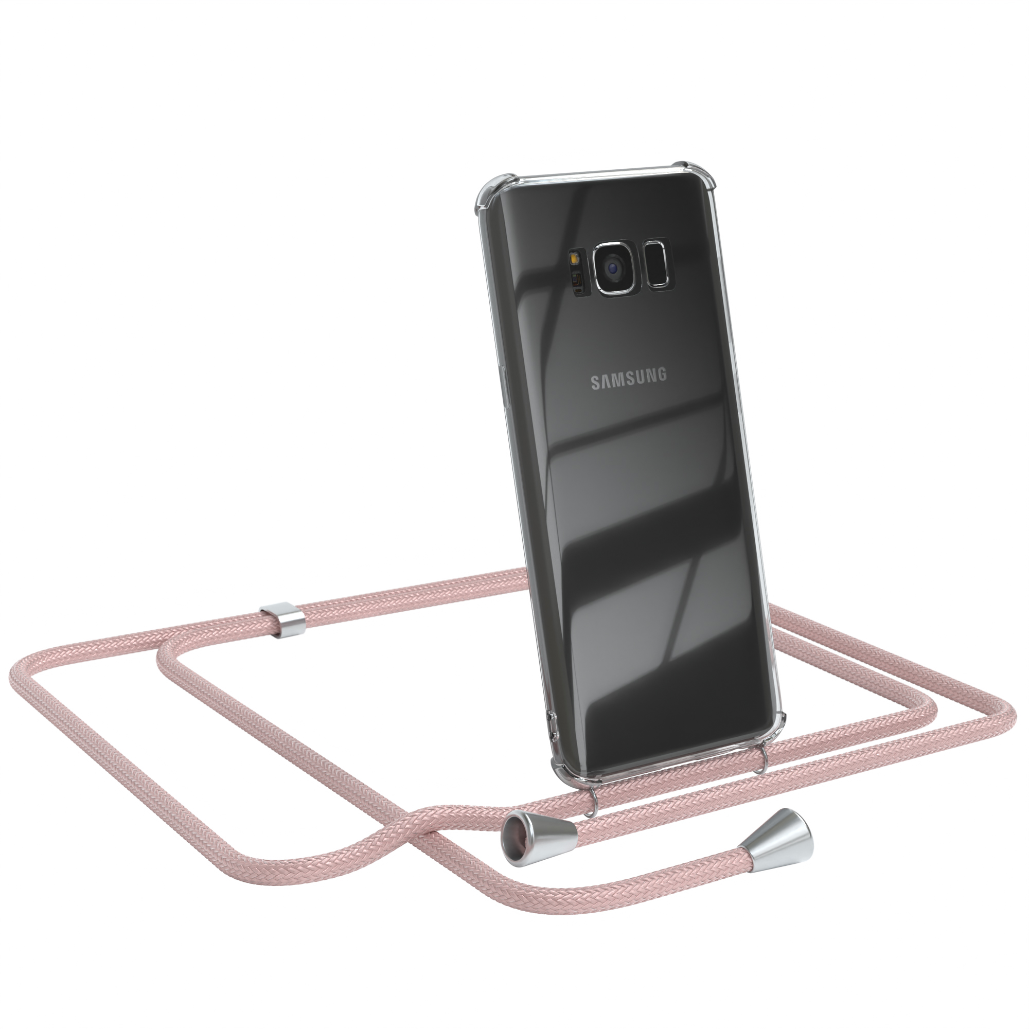 Transparente Handyhülle mit pinkfarbenem Lanyard auf weißem Hintergrund. Samsung Telefon.