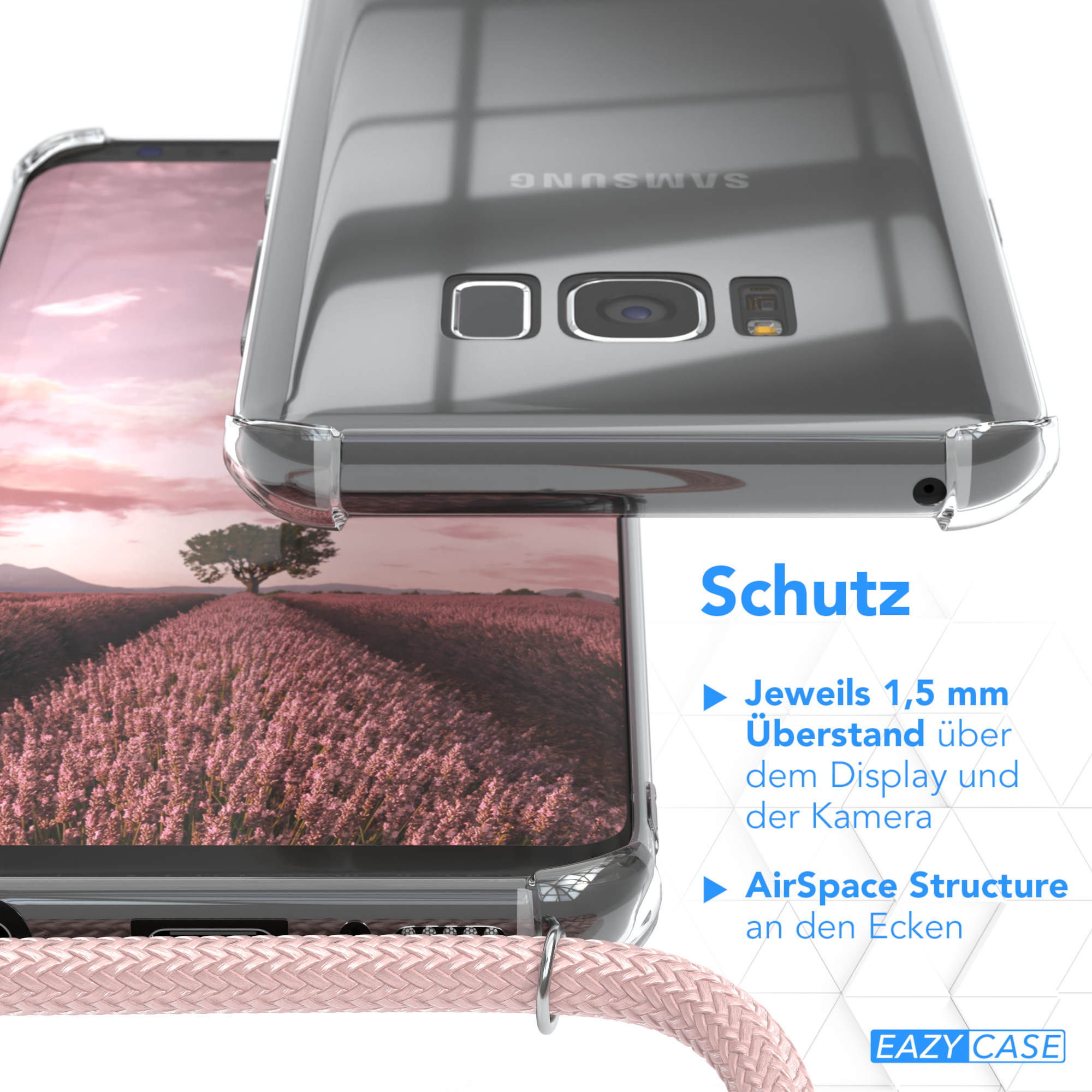 Transparente Handyhülle über dem Handy. Text: Schutz. Details zum Display, Kameraschutz und AirSpace-Struktur.