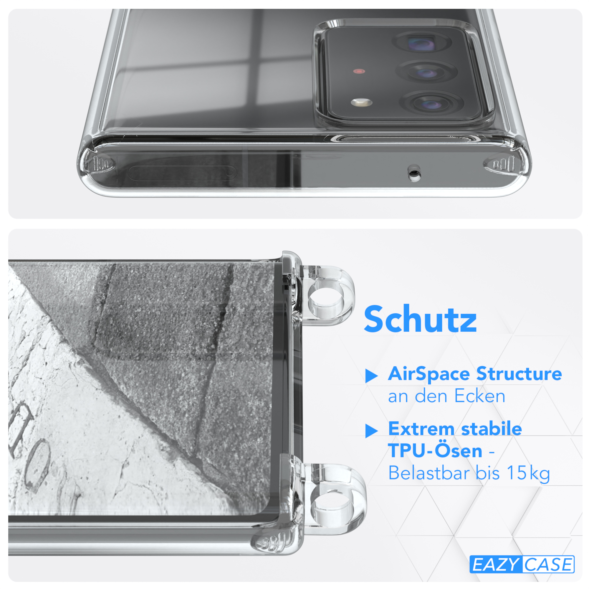 Nahaufnahme einer transparenten Handyhülle. Merkmale: AirSpace Structure und TPU-Ösen.