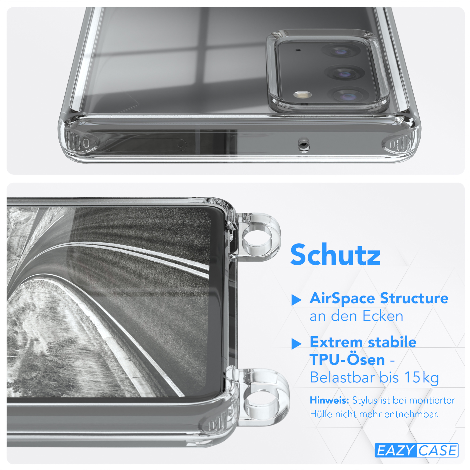 EAZY CASE Clear Cover mit Clips 20 20 Galaxy 5G, Samsung, Umhängeband, Umhängetasche, Note Grau Silber / Note 