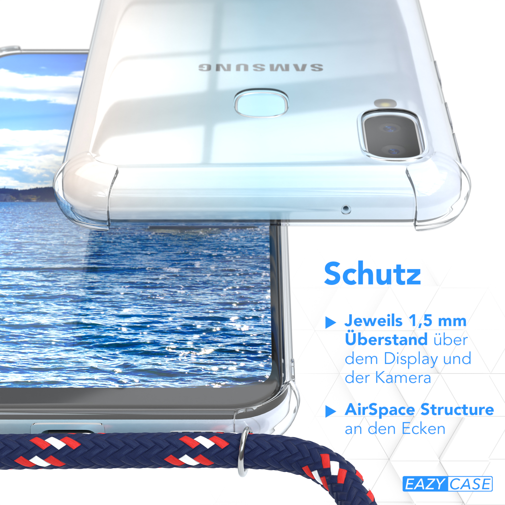 Nahaufnahme einer Handyhülle mit farbenfrohem Band, Schutzfunktionen hervorhebend.