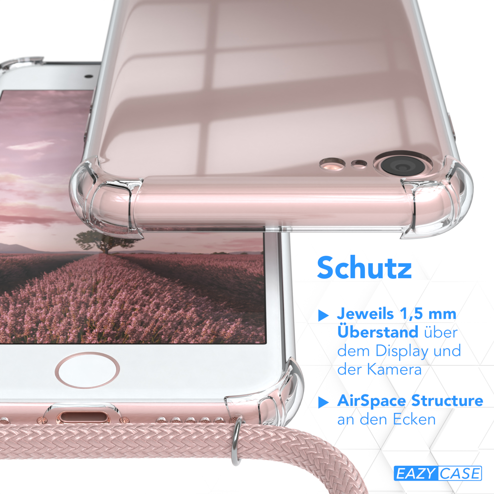 Nahaufnahme der Handyhülle auf dem Telefon, mit Text: Schutz, AirSpace-Struktur.