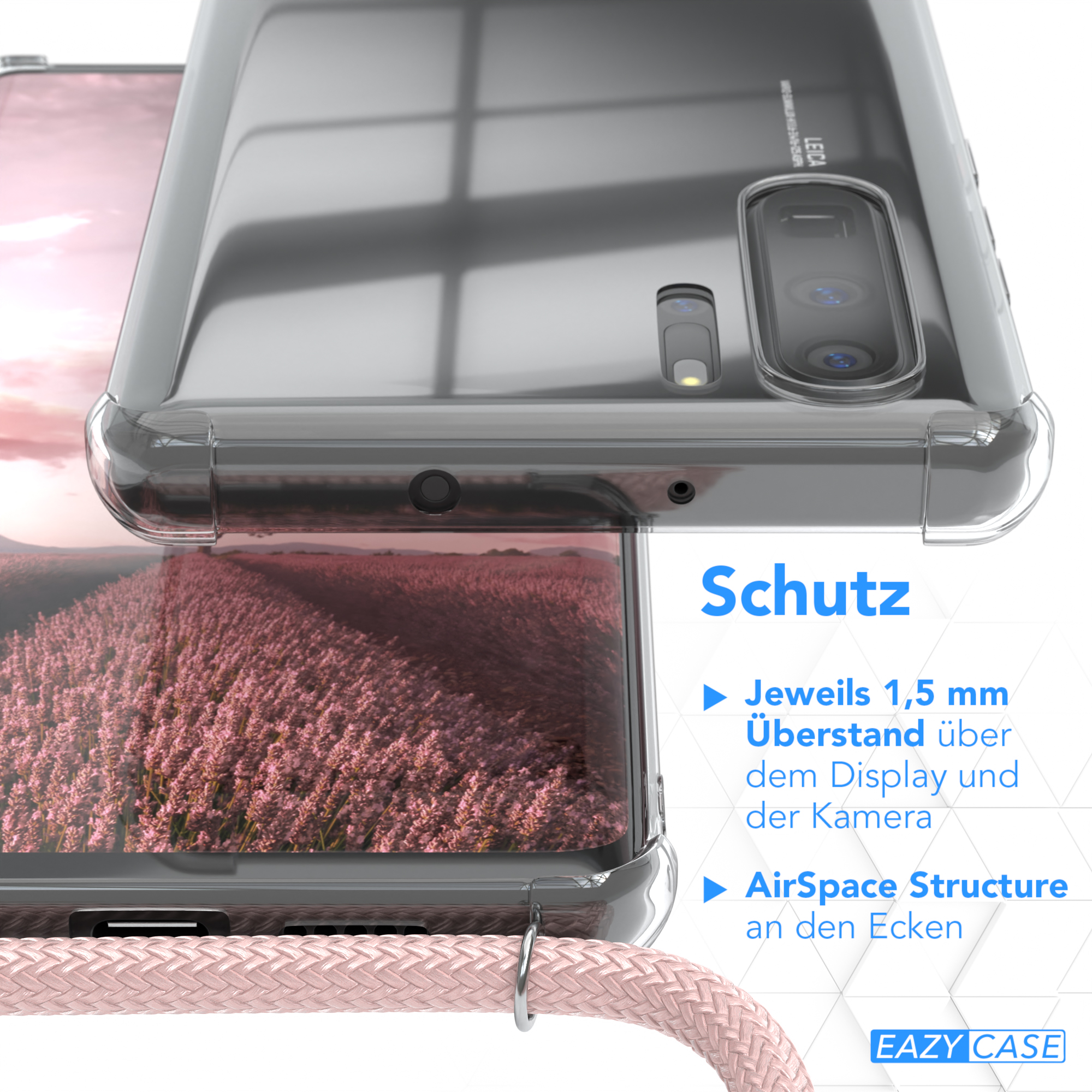 Handyhülle über einem Telefon mit Lavendelfeld im Hintergrund, mit Marketingtext.