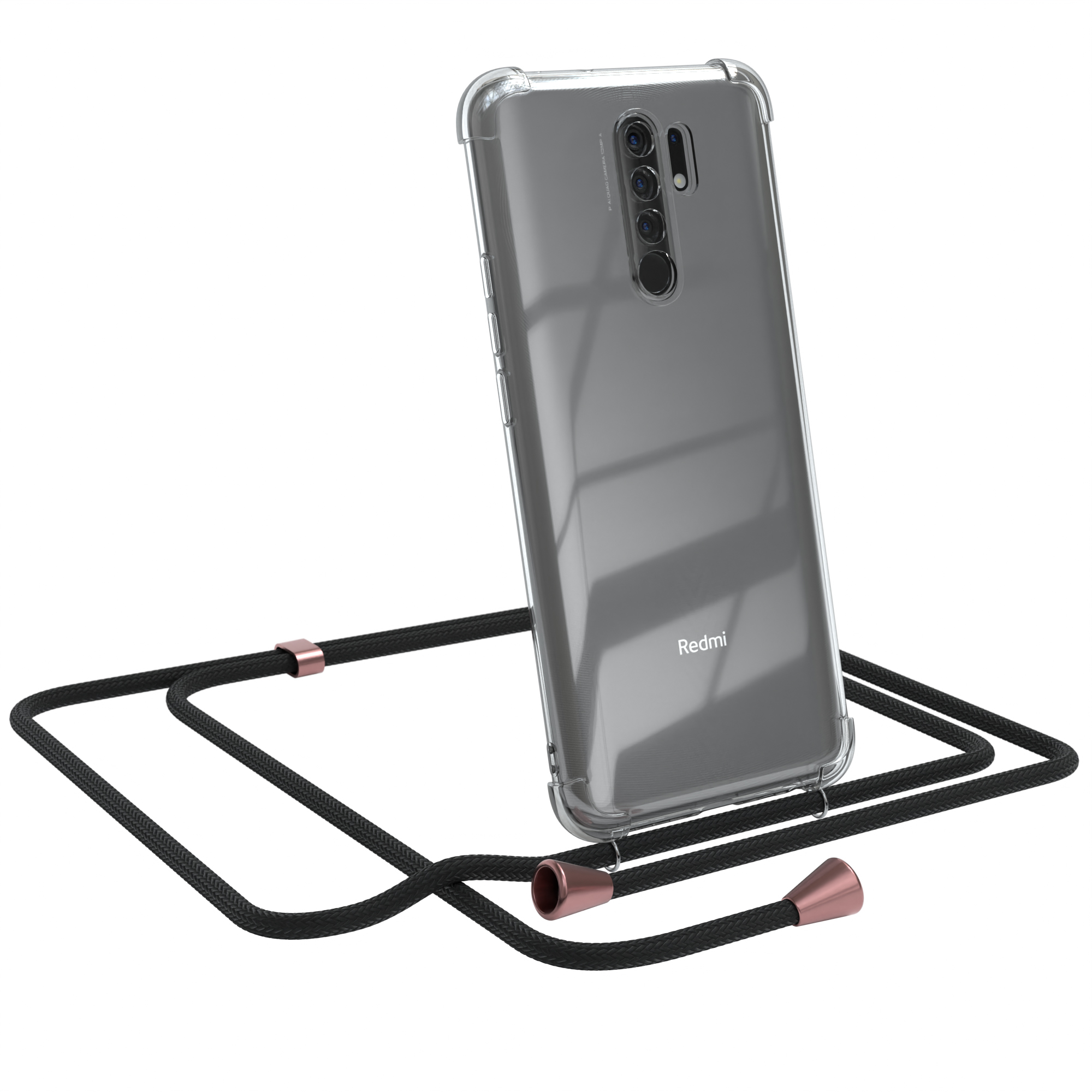 Transparente Handyhülle mit schwarzem Band. Redmi-Logo sichtbar. Weißer Hintergrund.