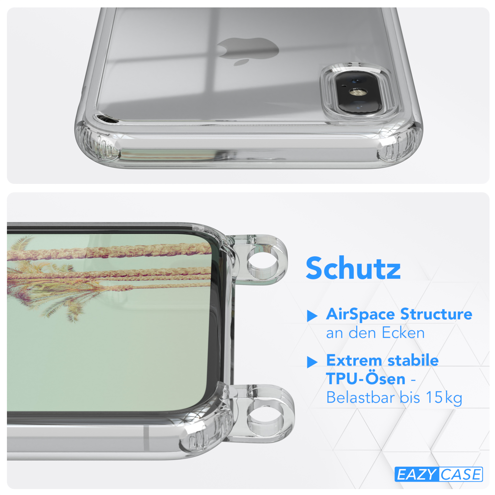 Klare Handyhülle. Text: Schutz. Merkmale: AirSpace Structure, starkes TPU, und Belastbarkeit bis 15 kg.