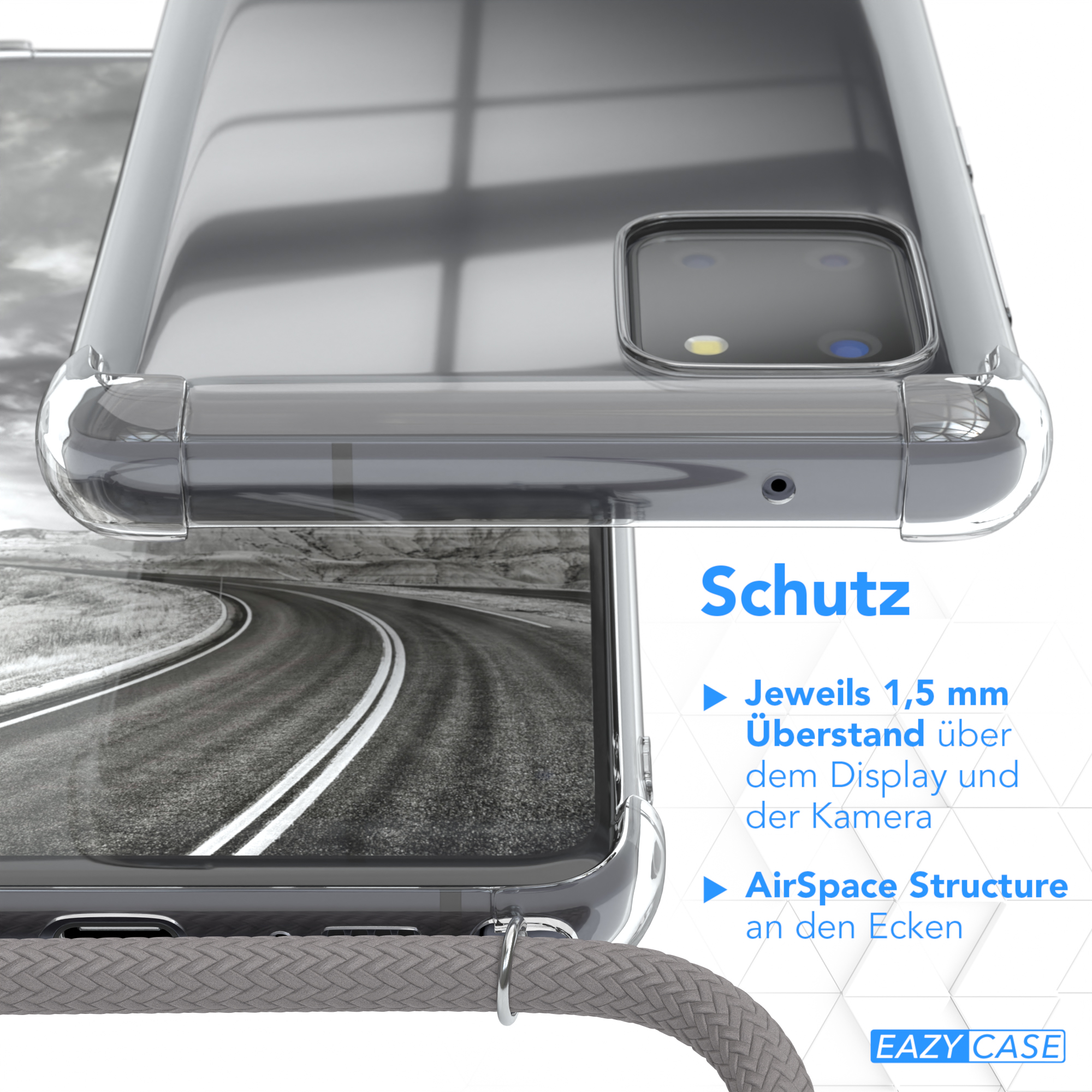 Transparente Handyhülle schützt ein Telefon, mit Text und grauem Lanyard.