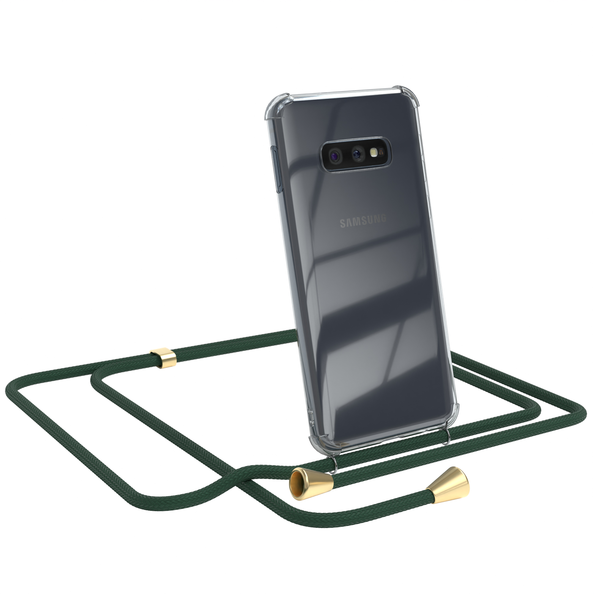 Transparente Handyhülle mit grünem Kabel. Telefon ist angewinkelt, mit Samsung-Logo auf der Rückseite.