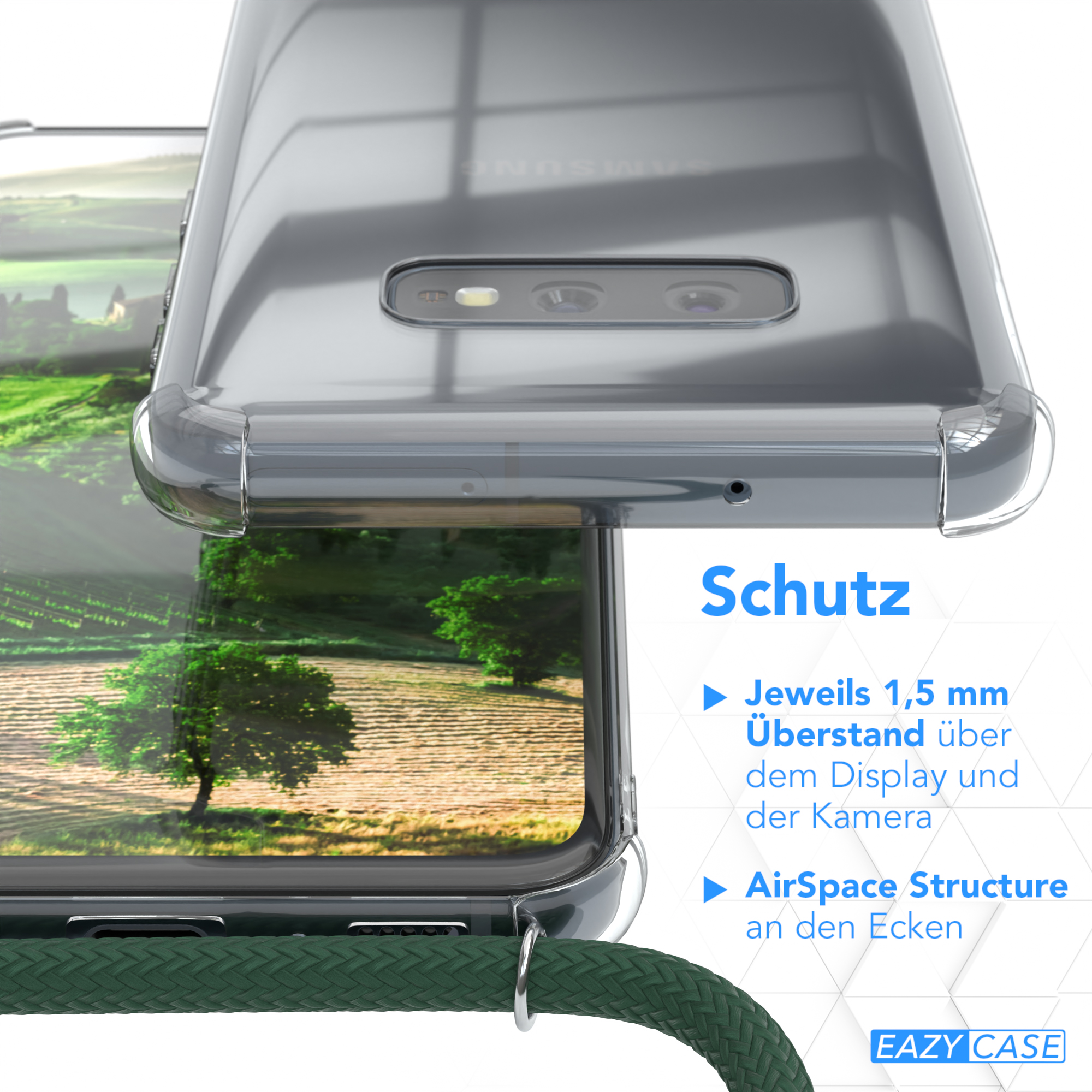 Eine transparente Handyhülle. Die Hülle schützt die Ecken. Ein grüner Riemen ist befestigt.